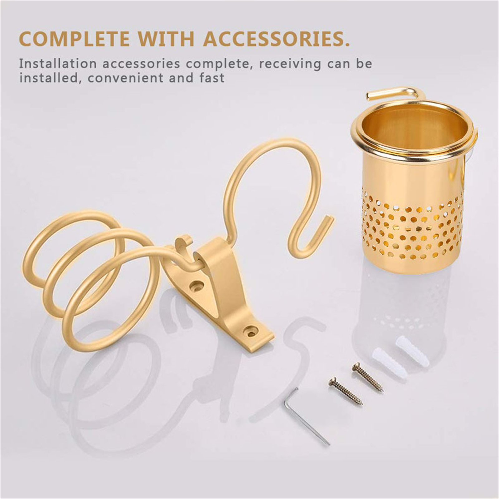 Goldener Haartrocknerhalter mit Zubehör auf einer weißen Oberfläche, komplett mit Schrauben.