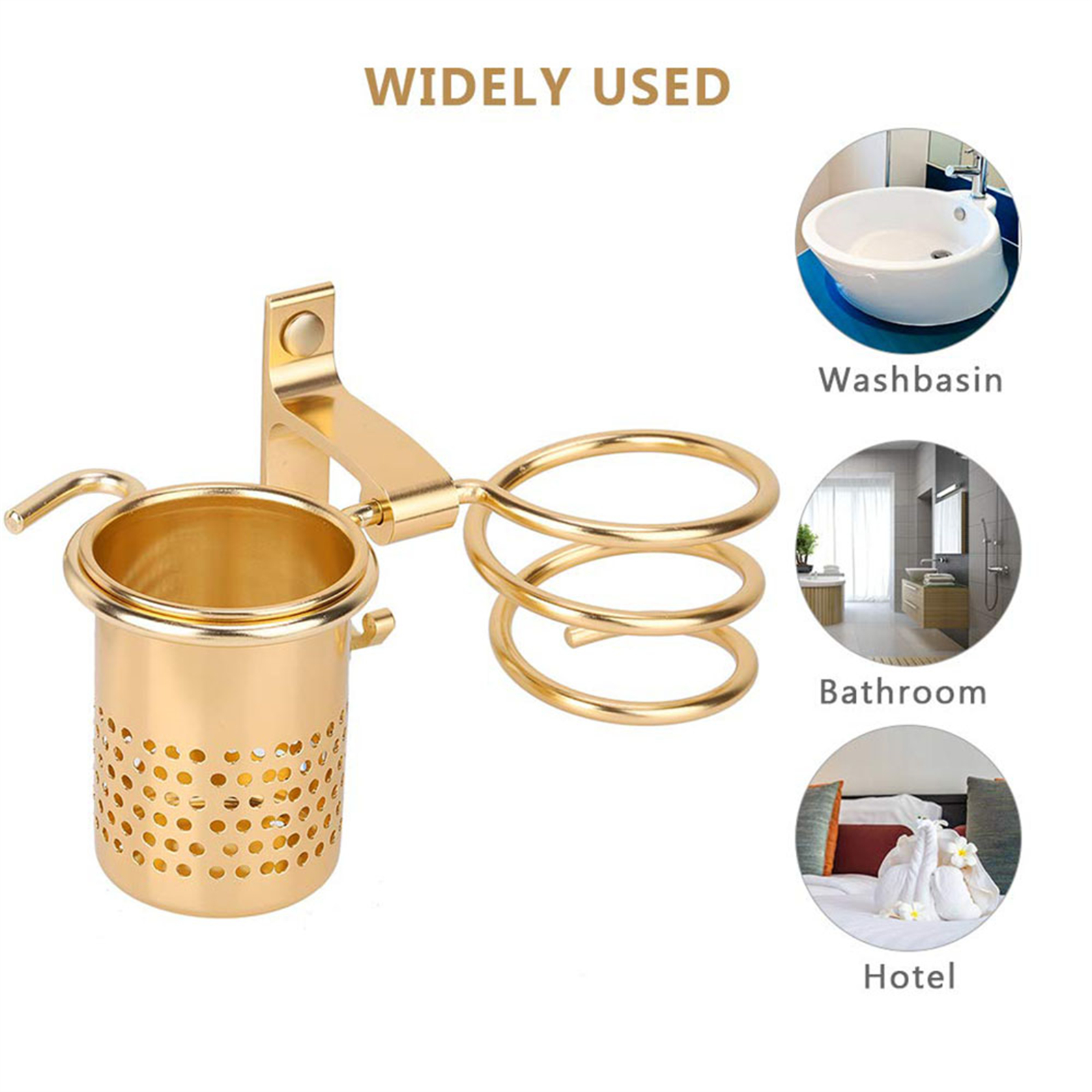 Goldener Haartrocknerhalter mit Spiralgestell, gezeigt mit Waschbecken-, Badezimmer- und Hotelszenen.