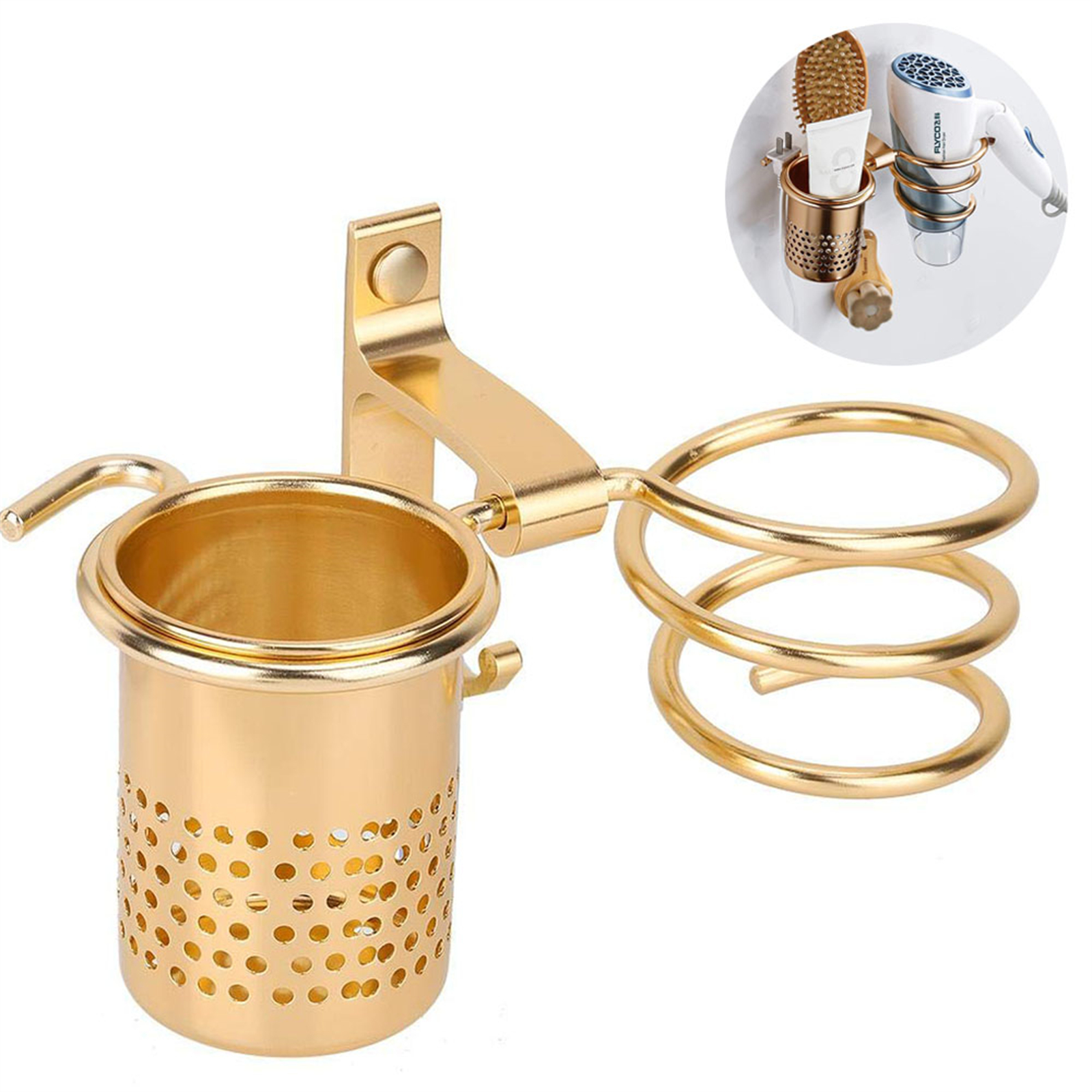 Goldener Haartrocknerhalter mit Spiralgestell, vor einem weißen Hintergrund, Badezimmerzubehör.