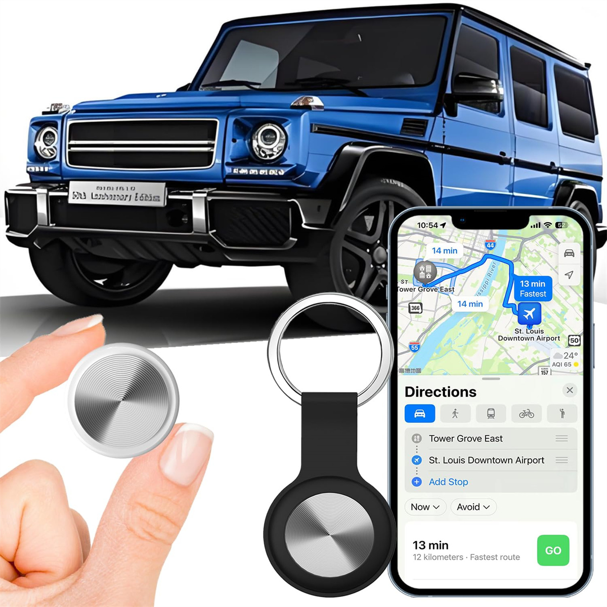 Blauer SUV, AirTag und ein Telefon mit Karte und Wegbeschreibung.