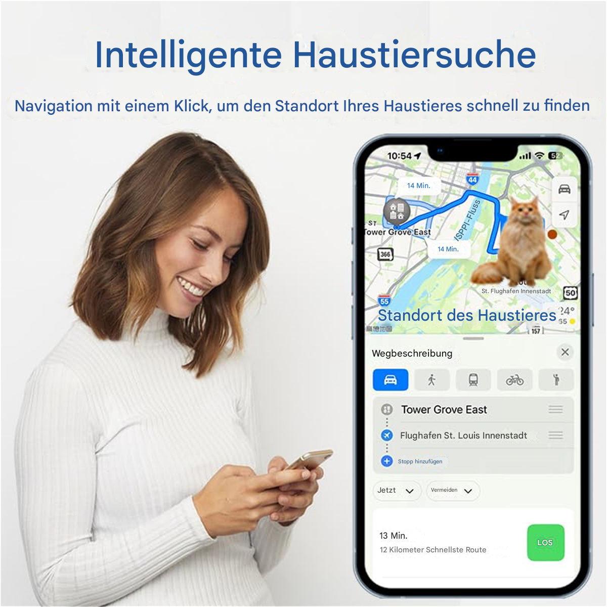 Frau mit Handy, Blick auf einen Bildschirm mit Katzen-Kartenstandort.