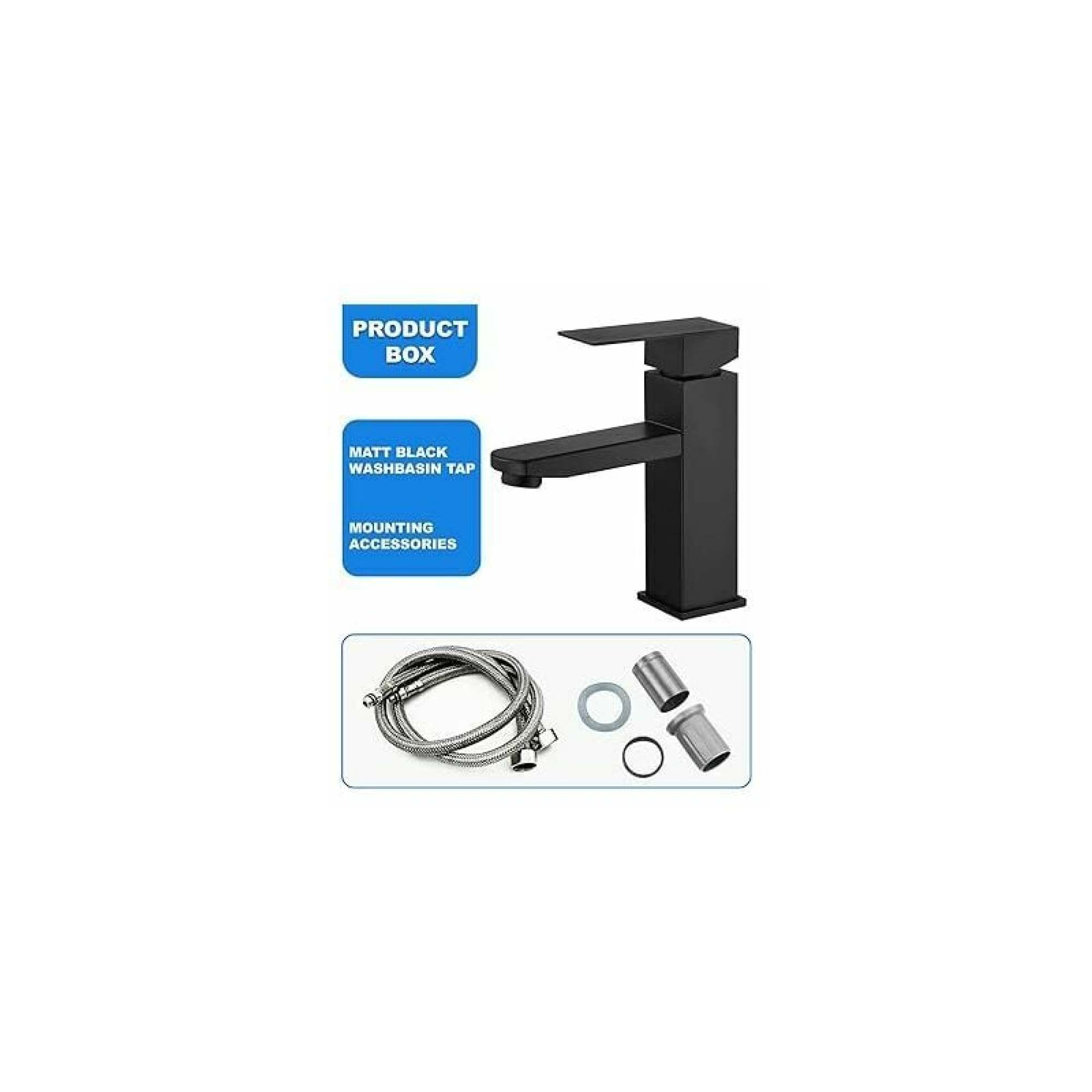 Schwarzer Wasserhahn und Zubehör in einer Box, mit Textbeschriftungen.