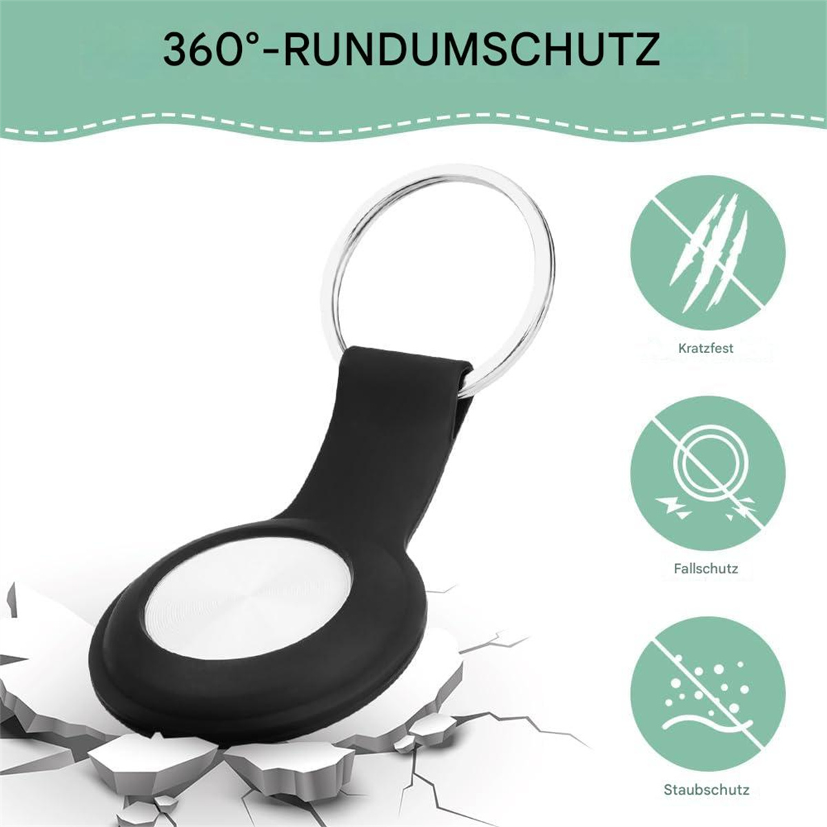 Schwarzer Schlüsselanhänger mit Silberring und Schutzsymbolen gegen Kratzer, Stürze und Staub.