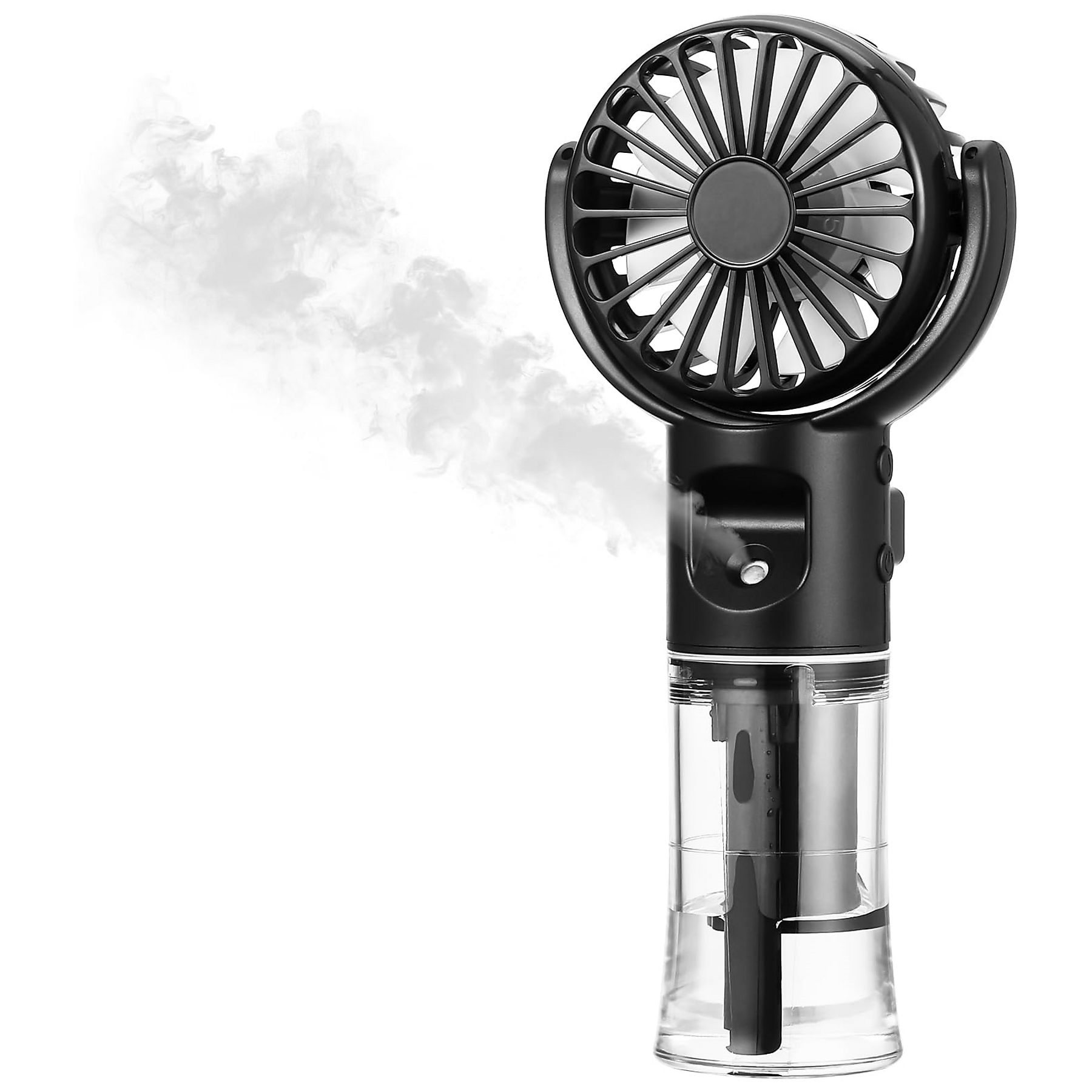 Ein schwarzer tragbarer Ventilator mit Wassertank. Er gibt einen Nebel ab. Der Ventilator hat Flügel und einen Knopf.