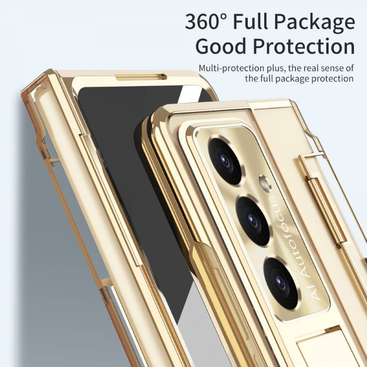 Eine goldene Handyhülle. Das Gehäuse befindet sich auf einem goldenen Telefon. Das Gehäuse ist eine faltbare Handyhülle mit Ständer.
