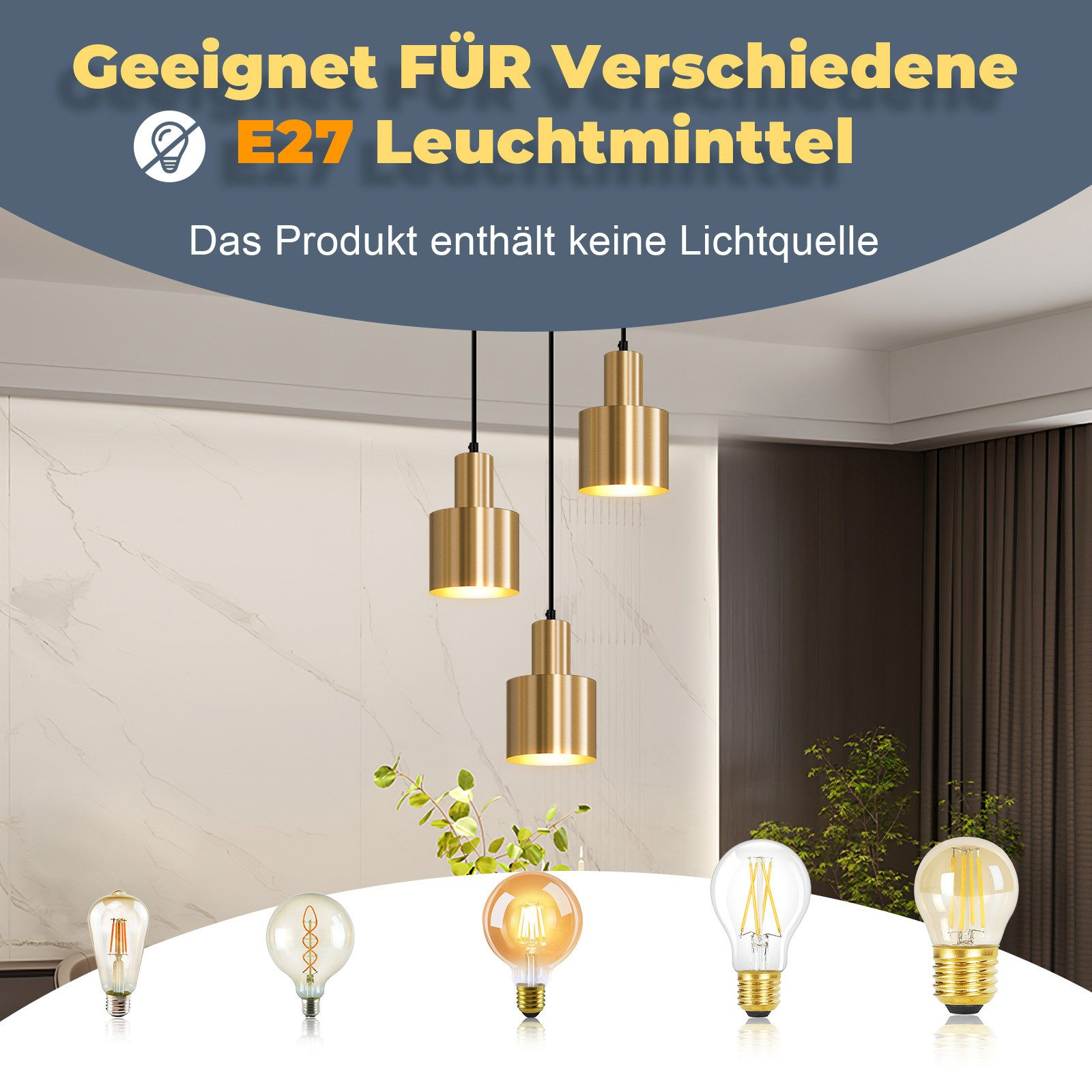 L'immagine mostra tre lampade a sospensione dorate appese sopra una selezione di lampadine.