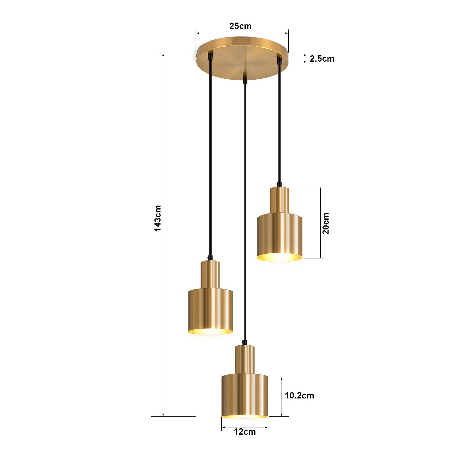 Diagramma che mostra le dimensioni di una lampada a sospensione dorata, inclusi altezza, larghezza e misure del paralume.