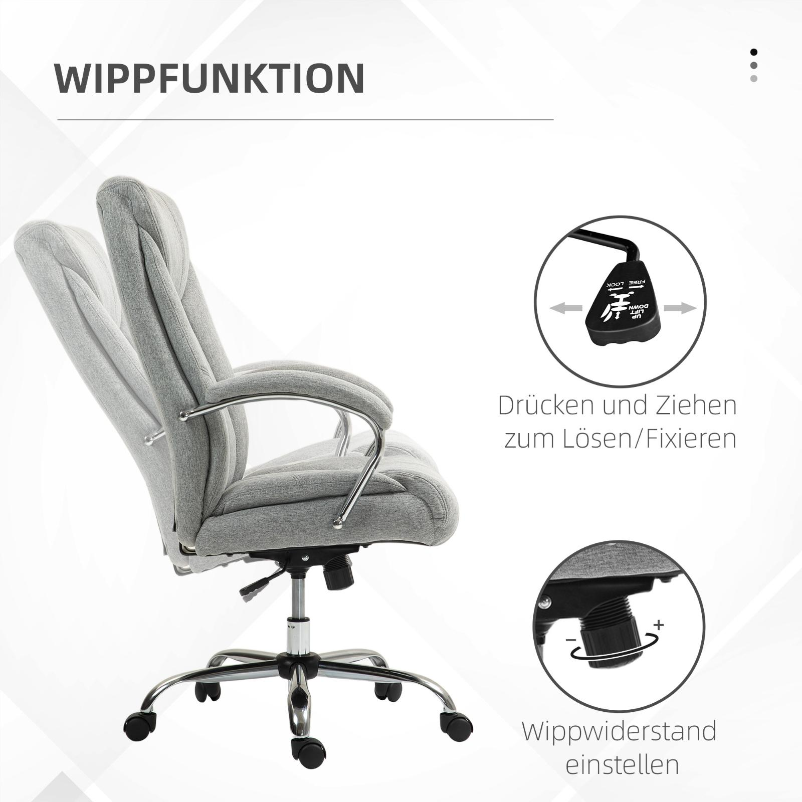 Ein grauer Bürostuhl mit hoher Rückenlehne und Armlehnen steht auf einem Chromgestell mit Rädern, mit Kippinformationen.