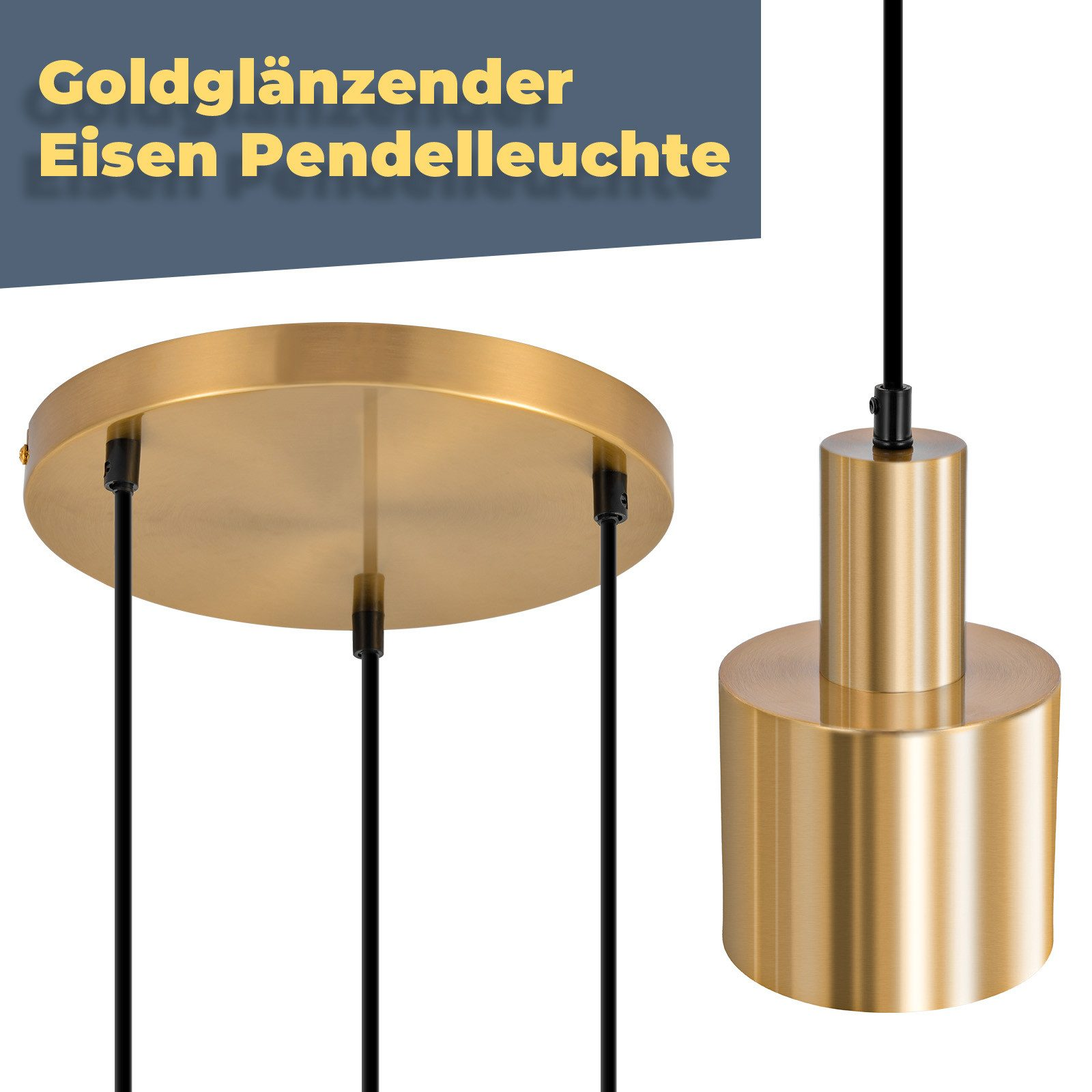 Primo piano di una lampada a sospensione dorata, che mostra il paralume cilindrico e il supporto a soffitto.
