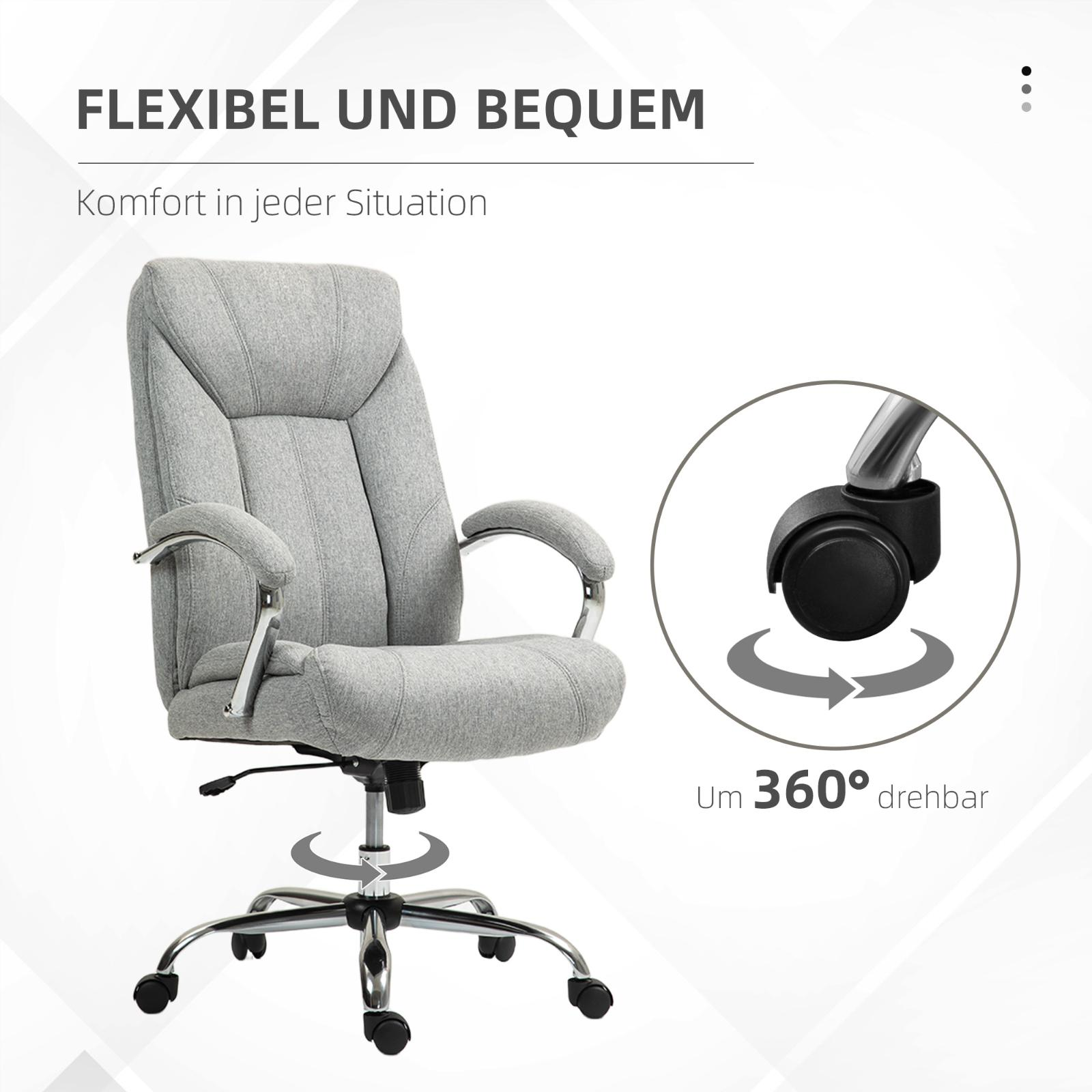 Ein grauer Bürostuhl mit hoher Rückenlehne und Armlehnen steht auf einem Chromgestell mit Rädern und zeigt Rotationsinformationen.
