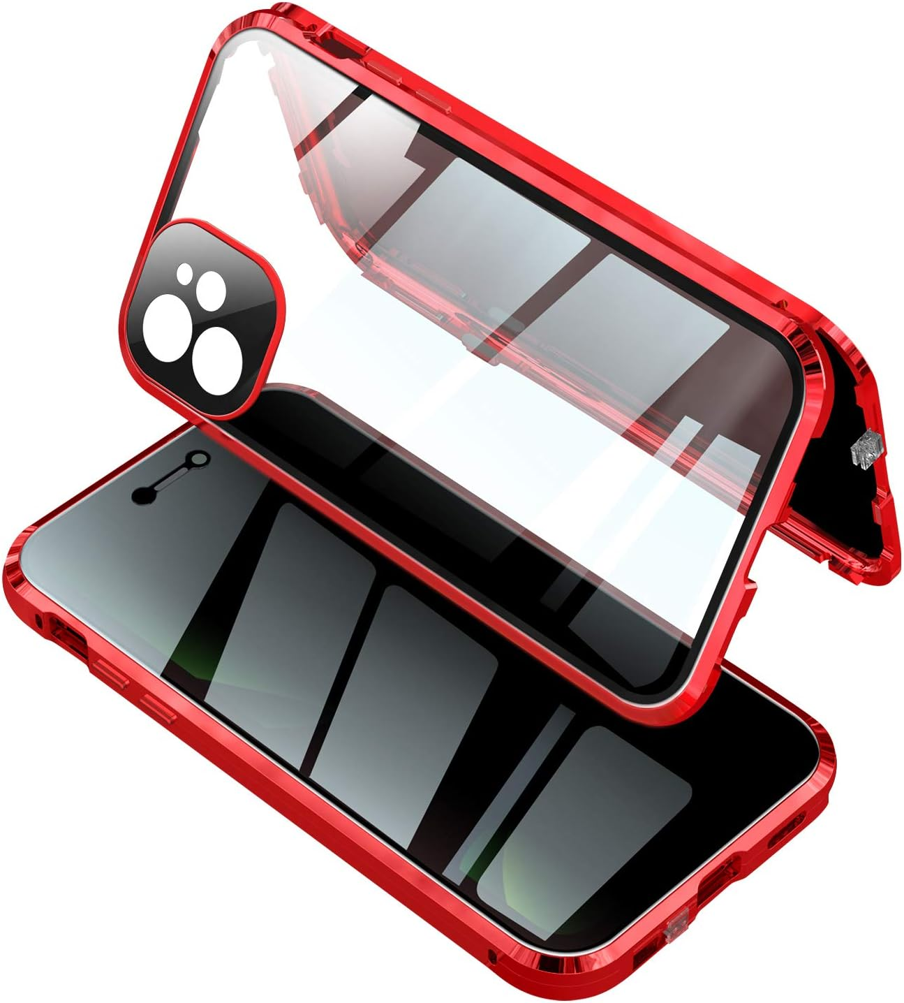 Eine transparente Handyhülle mit einem roten Stoßfänger wird gezeigt, wobei der obere Teil leicht angehoben ist, um das Telefon im Inneren zu zeigen.