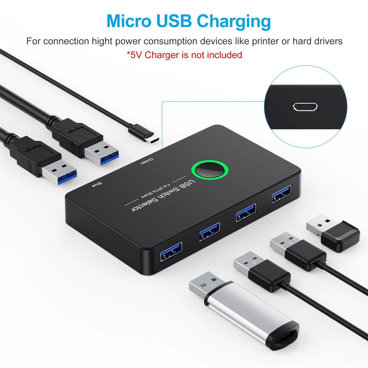 Ein schwarzer USB-Switch-Selector mit mehreren USB-Anschlüssen und Kabeln, der entwickelt wurde, um Peripheriegeräte zwischen Geräten zu verbinden und zu teilen.