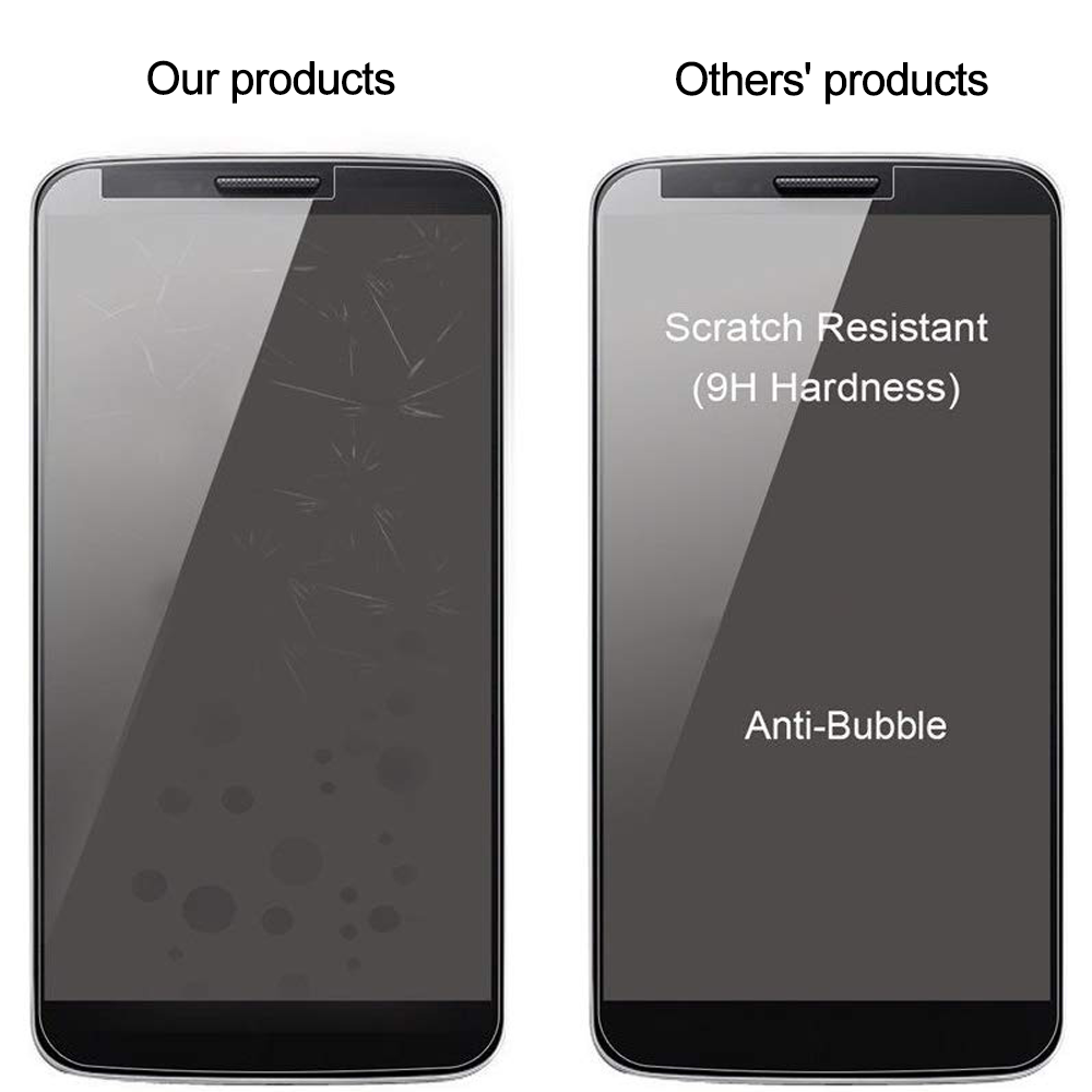 Zwei Telefone, die den Unterschied zwischen Produkten zeigen. Eines ist zerkratzt und blasig, das andere ist klar und glatt.