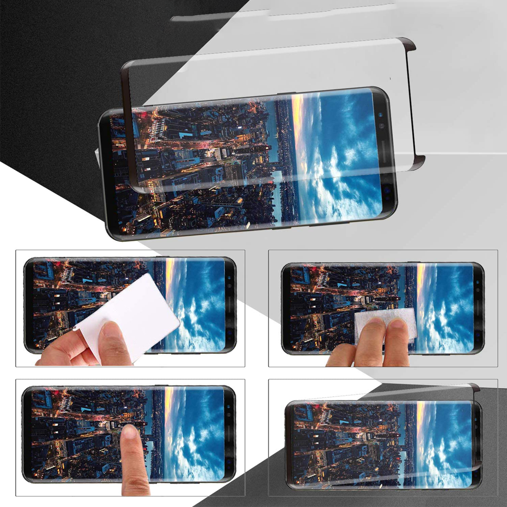 Bilder, die die Anbringung einer Displayschutzfolie auf einem Smartphone zeigen. Die Schutzfolie wird auf ein Stadtbild aufgebracht.