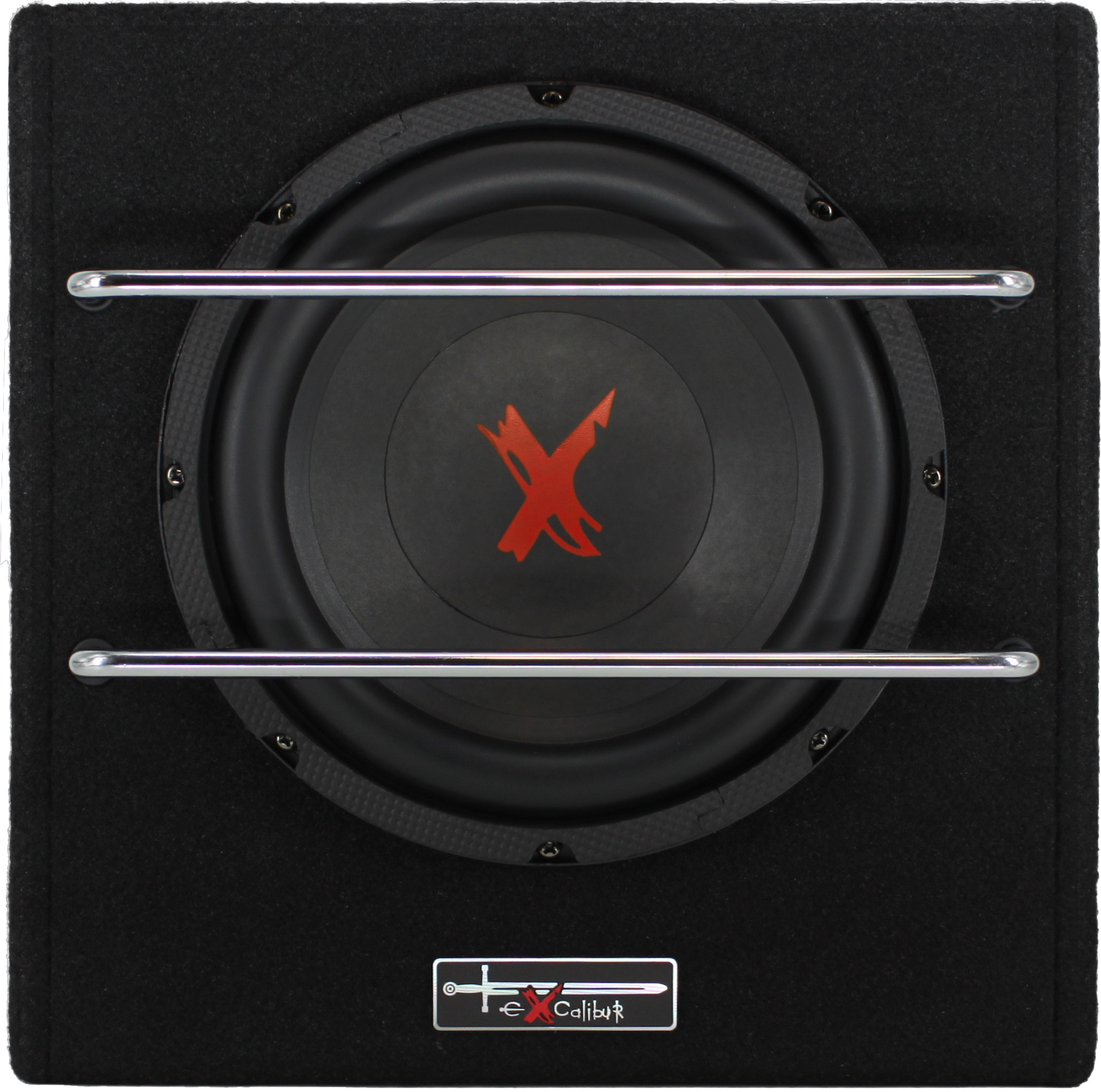 Schwarze Subwooferbox. Der Lautsprecherkonus hat ein rotes X-Design, geschützt durch Metallstäbe. „eXcalibur“-Logo unten.