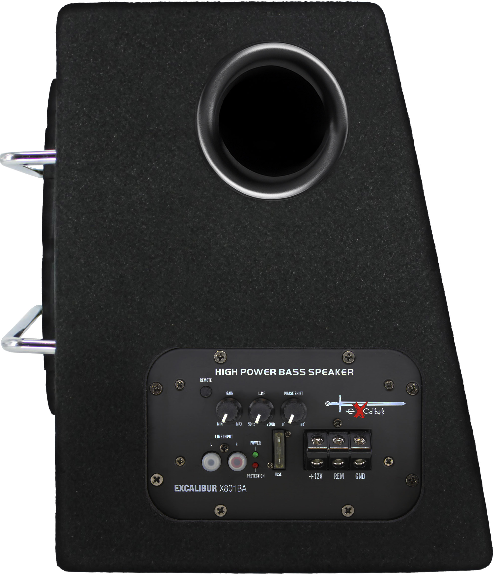 Rückseite einer schwarzen Subwooferbox mit rundem Anschluss, Bedienfeld und Anschlussklemmen mit der Bezeichnung Excalibur X801BA.