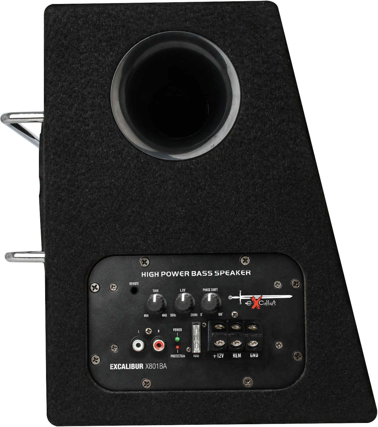 Rückseite der schwarzen Excalibur X801BA Subwooferbox. Verfügt über einen runden Anschluss, ein Bedienfeld und beschriftete.