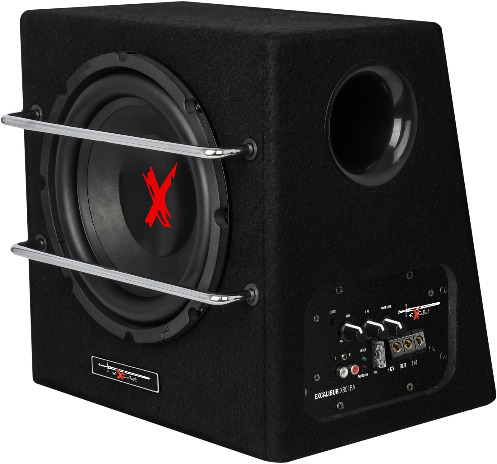 Schräge Ansicht einer schwarzen Subwooferbox mit rundem Anschluss, Metallstäben und einem mit Excalibur X801BA beschrifteten.