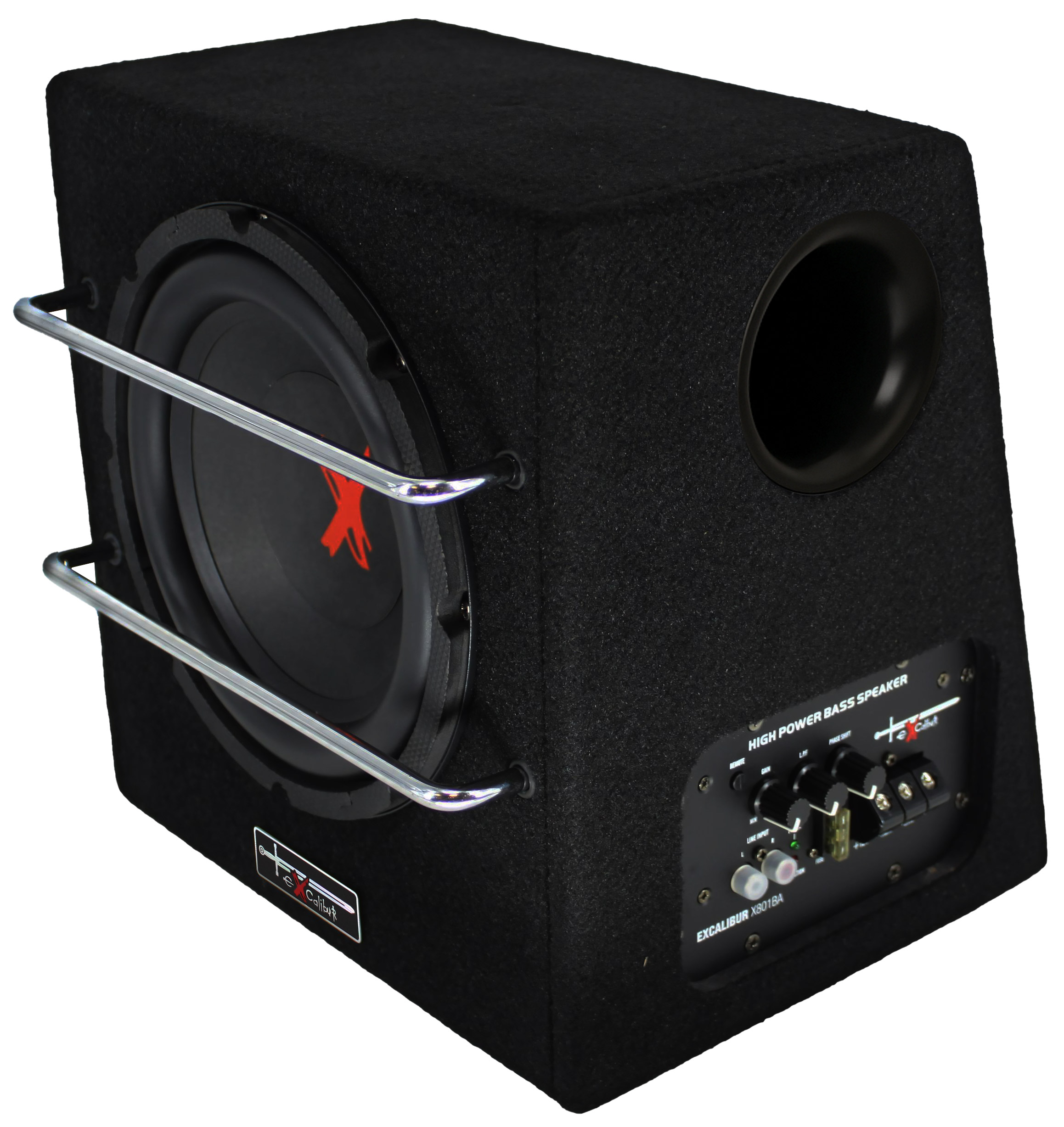 Schwarze Subwooferbox mit rundem Anschluss, Metallstäben und Bedienfeld. Excalibur X801BA ist auf der Rückseite beschriftet.
