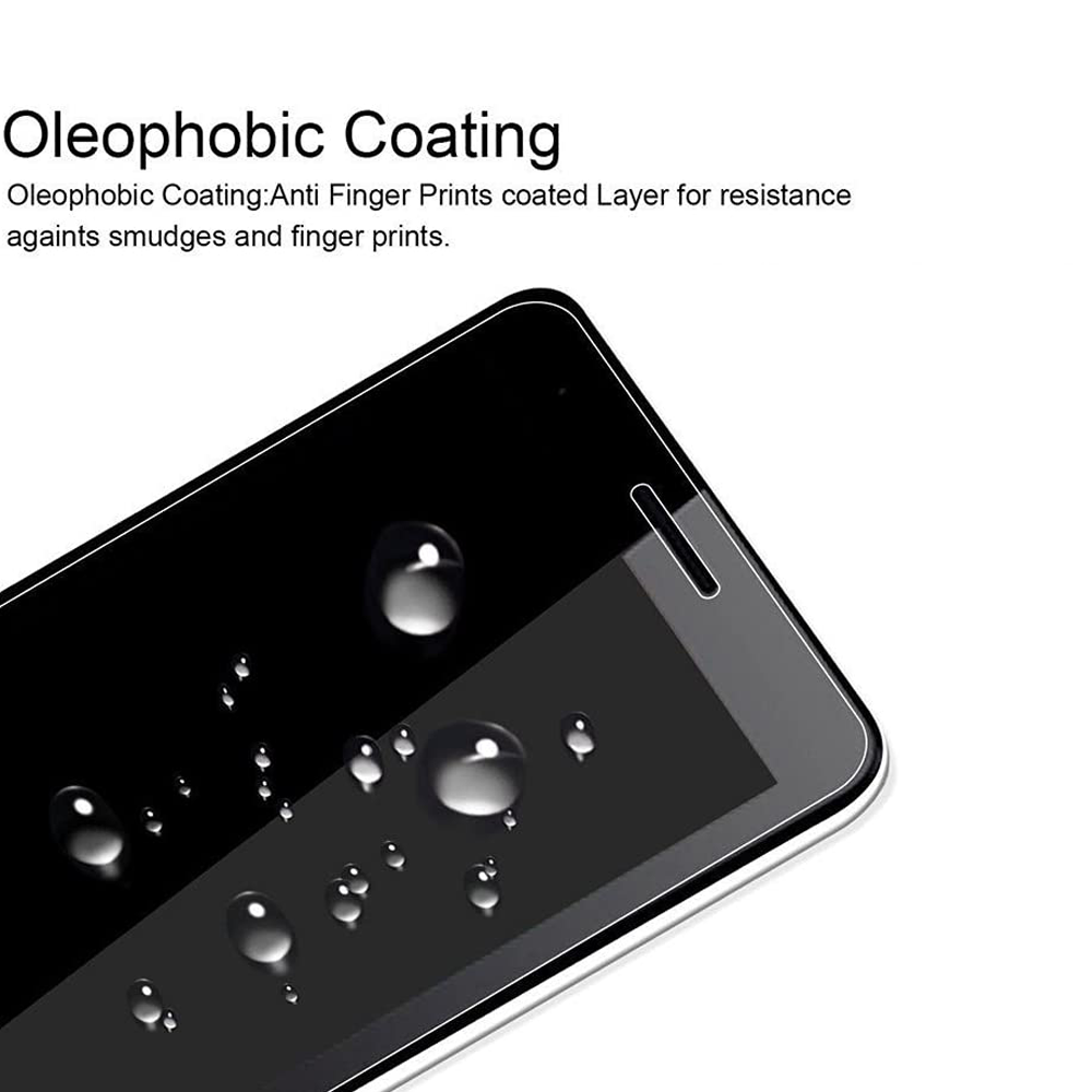 Ein Smartphone-Bildschirm mit Wassertropfen. Die Oberfläche hat eine oleophobe Beschichtung, um Fingerabdrücken zu widerstehen.