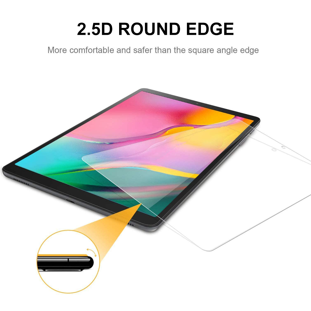 Ein Tablet mit einem Displayschutz wird gezeigt, wobei das 2.5D-Design mit runden Kanten hervorgehoben wird.