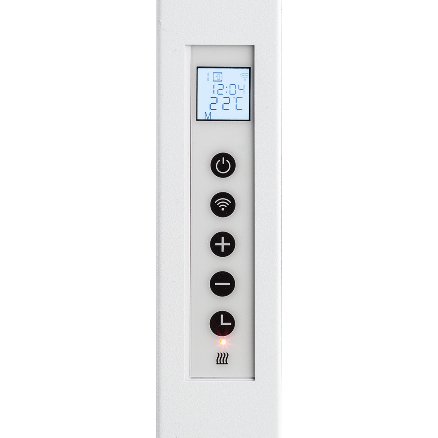 Weißes Bedienfeld mit digitaler Anzeige und Tasten für Strom, WLAN, Plus, Minus und Licht.