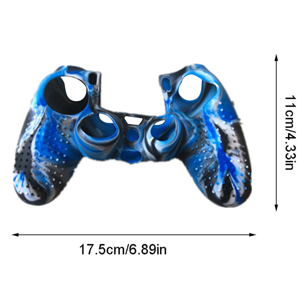 Blaues Silikon-Controller-Gehäuse mit Maßangaben: 11 cm/4,33 Zoll Höhe, 17,5 cm/6,89 Zoll Breite.