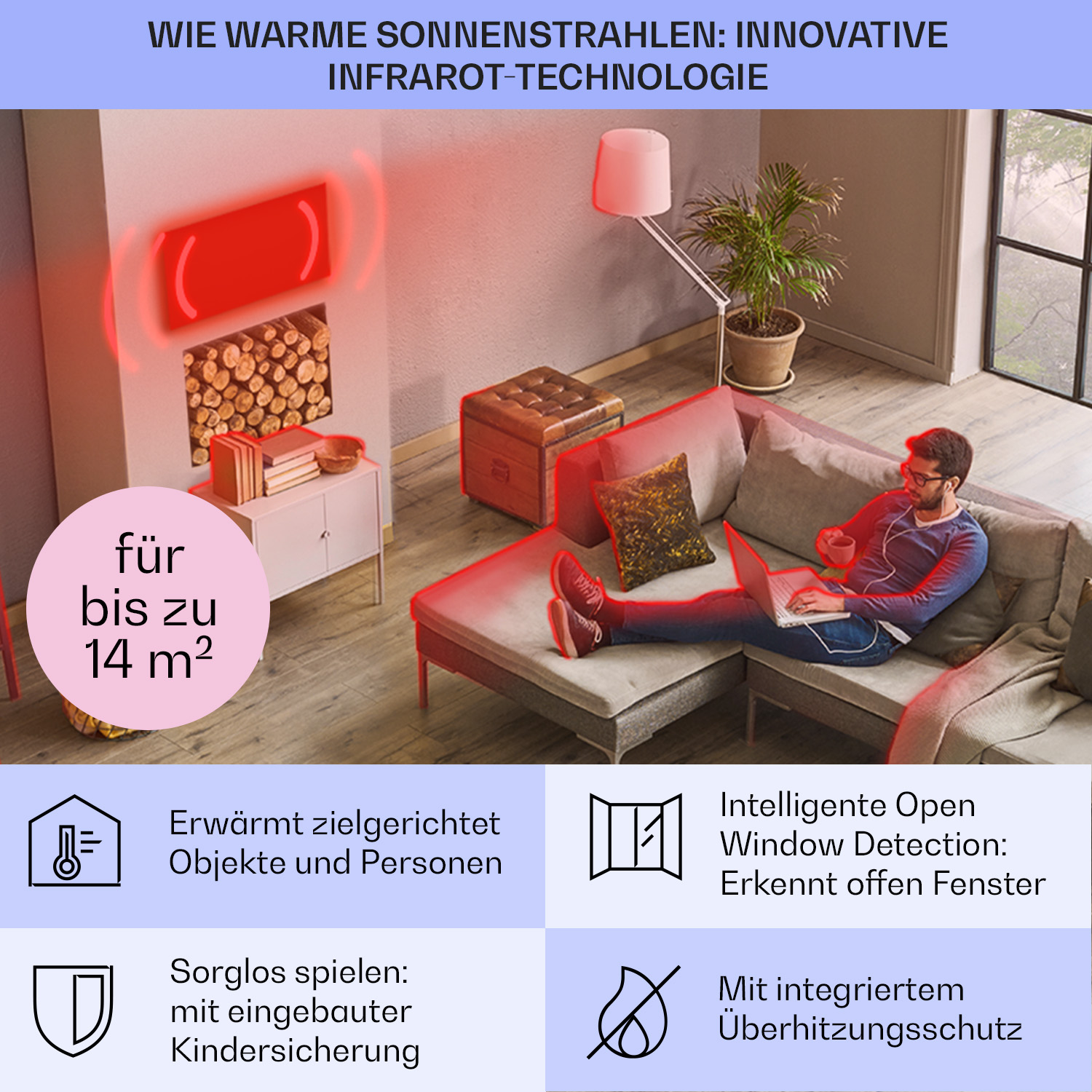 Wohnzimmerszene mit einem Mann, der auf einem Sofa sitzt und einen Laptop benutzt. An der Wand hängt eine Infrarotheizung.
