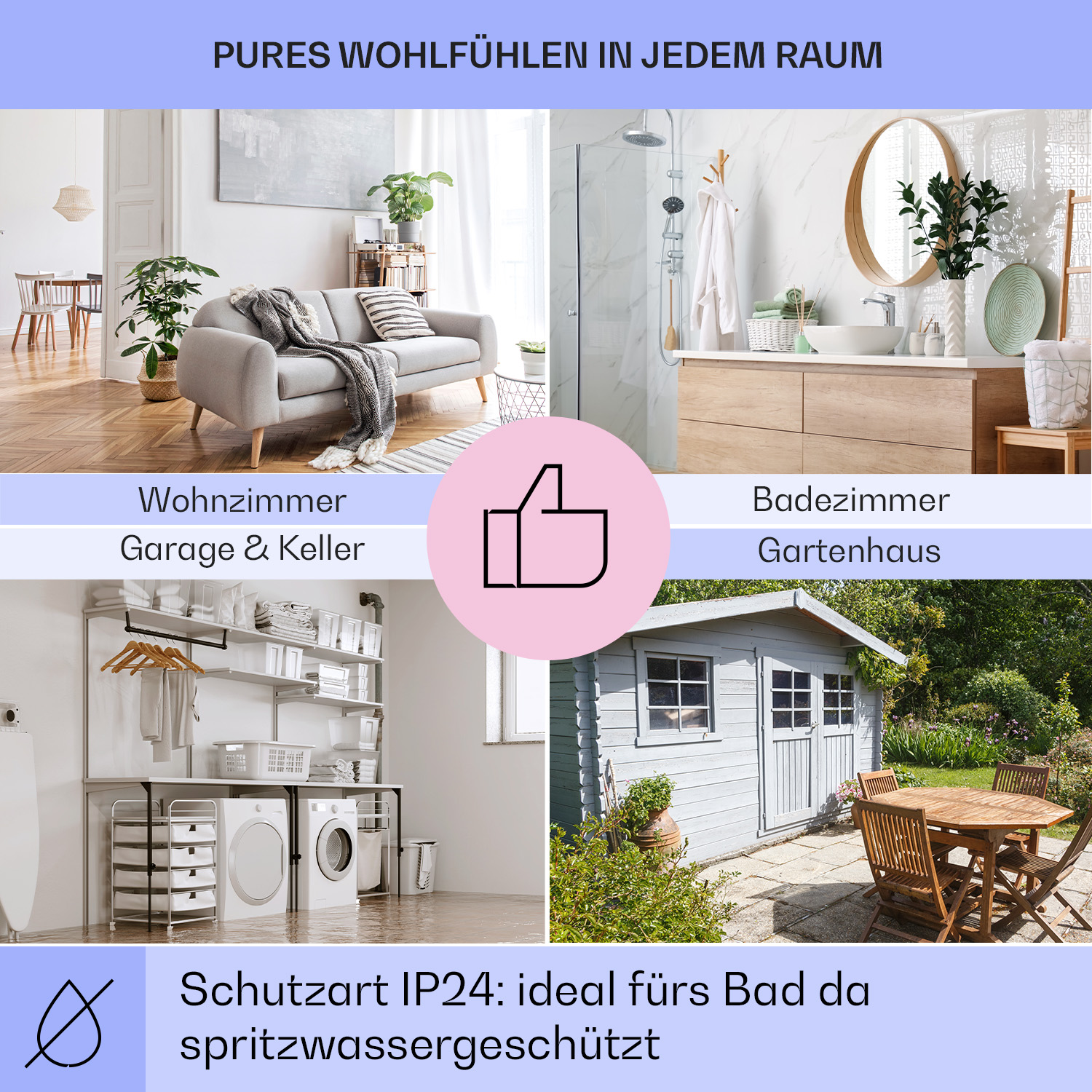 Collage zeigt Wohnzimmer, Badezimmer, Garage und Gartenhaus und fördert den Komfort in jedem Raum.