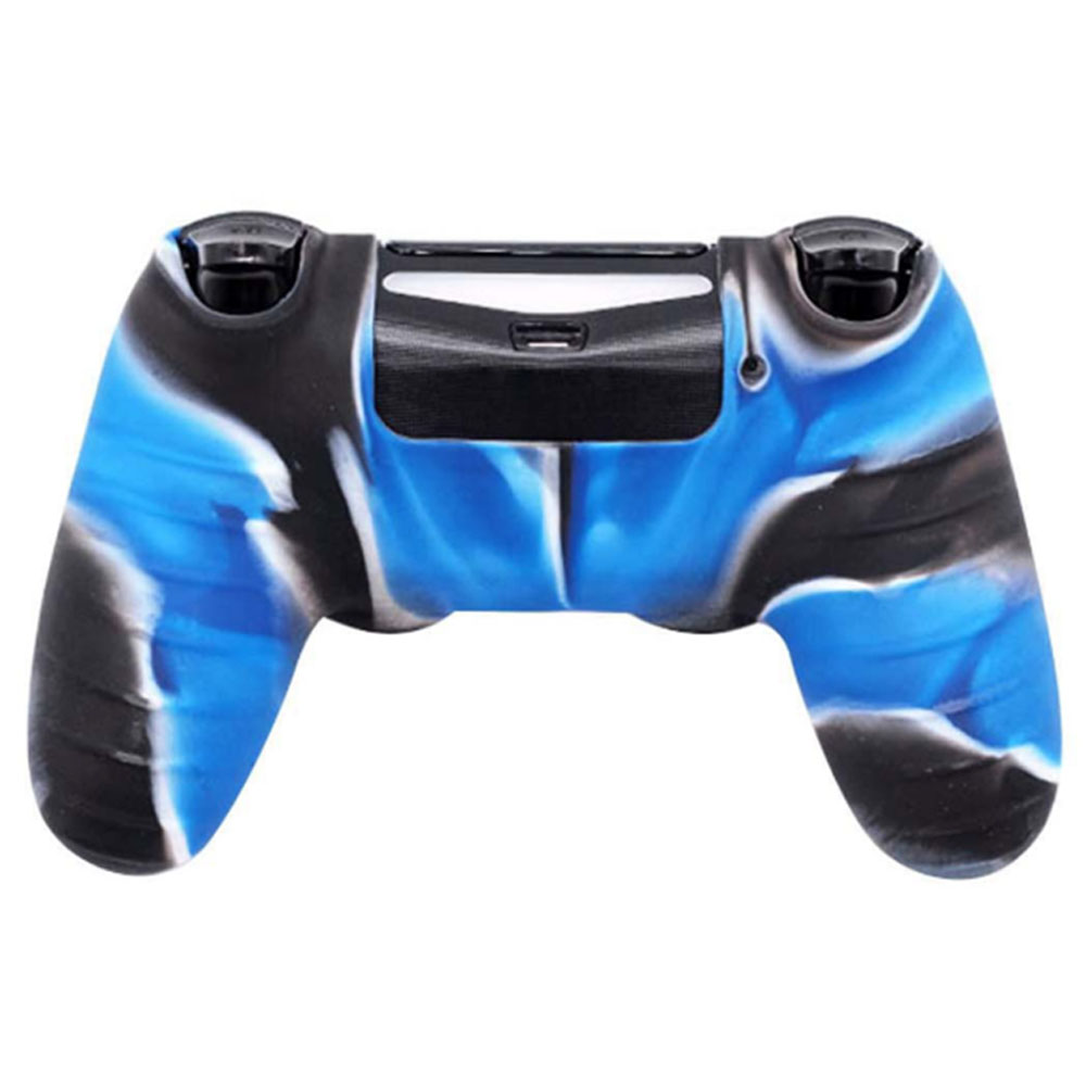 Blau und schwarz gemusterter Gamecontroller, der ein einzigartiges Design auf weißem Hintergrund zeigt.