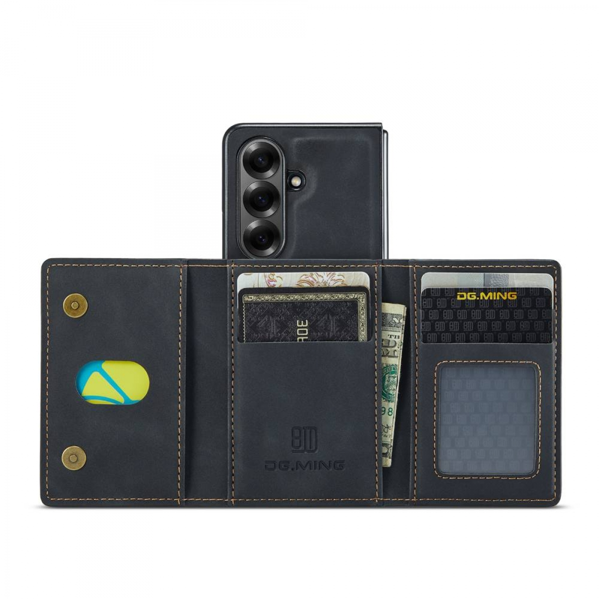 Schwarze Handyhülle mit Brieftasche, die Karten und Bargeld hält, zentriert auf einem weißen Hintergrund.