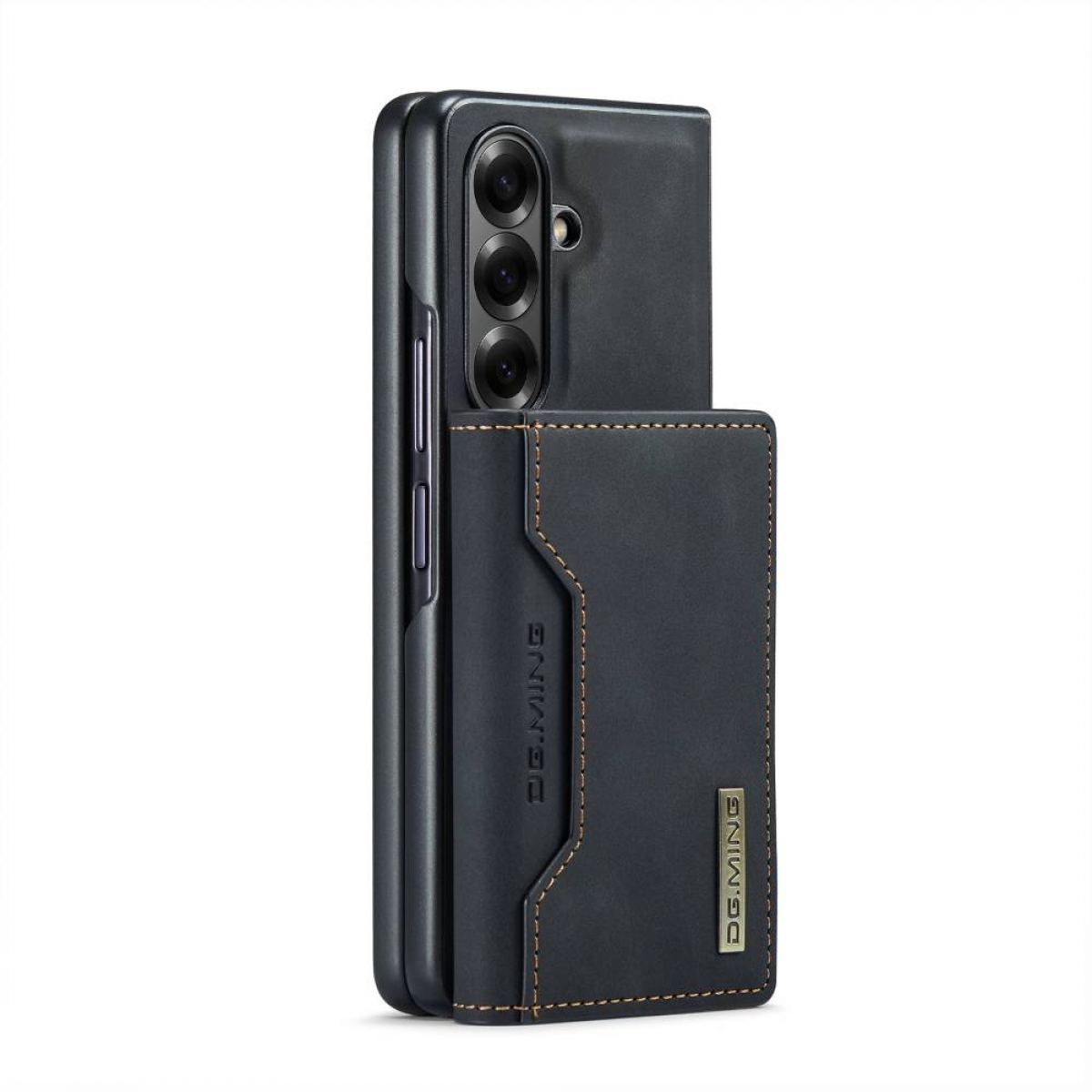 Eine schwarze Handyhülle mit Brieftaschenaufsatz wird auf einem weißen Hintergrund angezeigt.