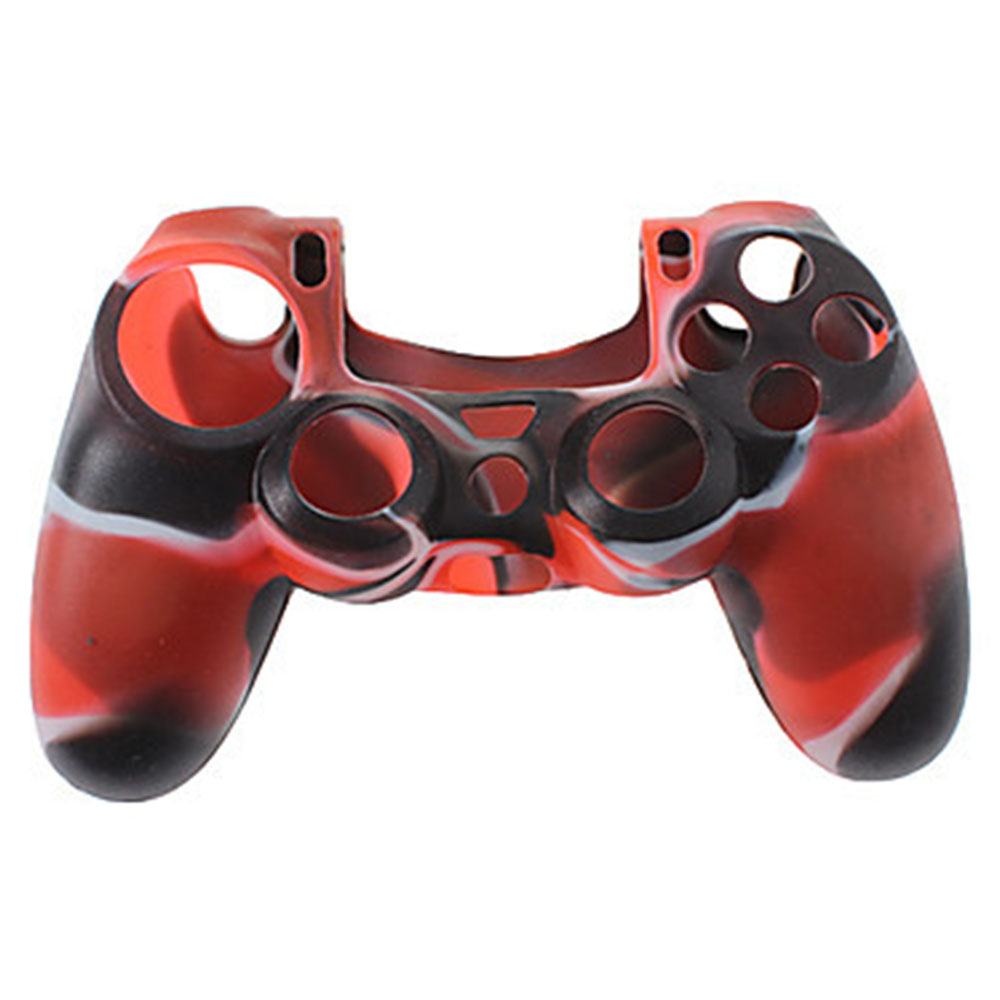 Rote, schwarze und weiße Silikon-PS4-Controller-Abdeckung auf einem weißen Hintergrund.