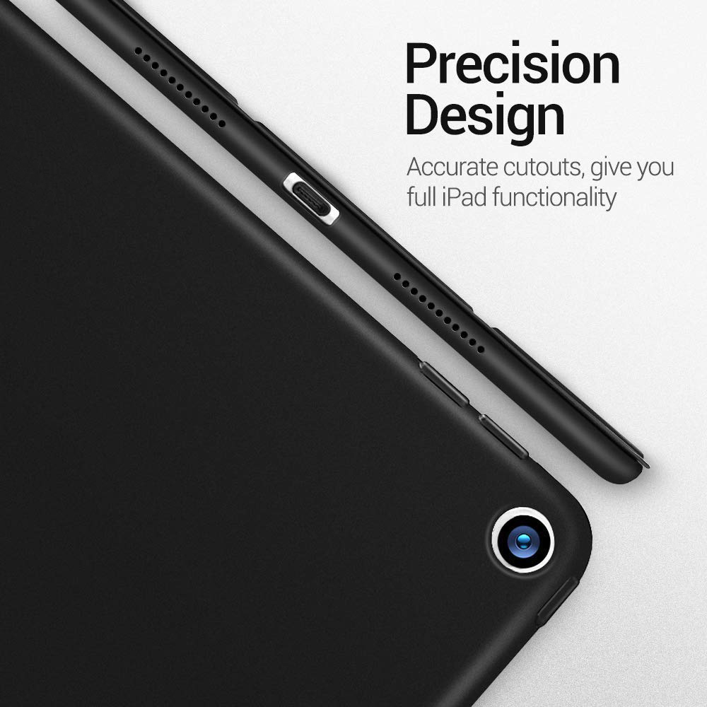 Ein schwarzes iPad wird gezeigt, wobei der Fokus auf dem präzisen Design und den genauen Ausschnitten für volle Funktionalität liegt.