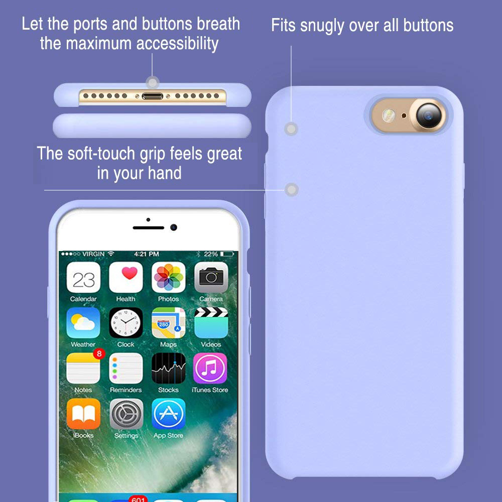 Ein Telefon mit einer hellvioletten Hülle auf einer weißen Oberfläche. Die Hülle liegt neben und oben auf dem Telefon.