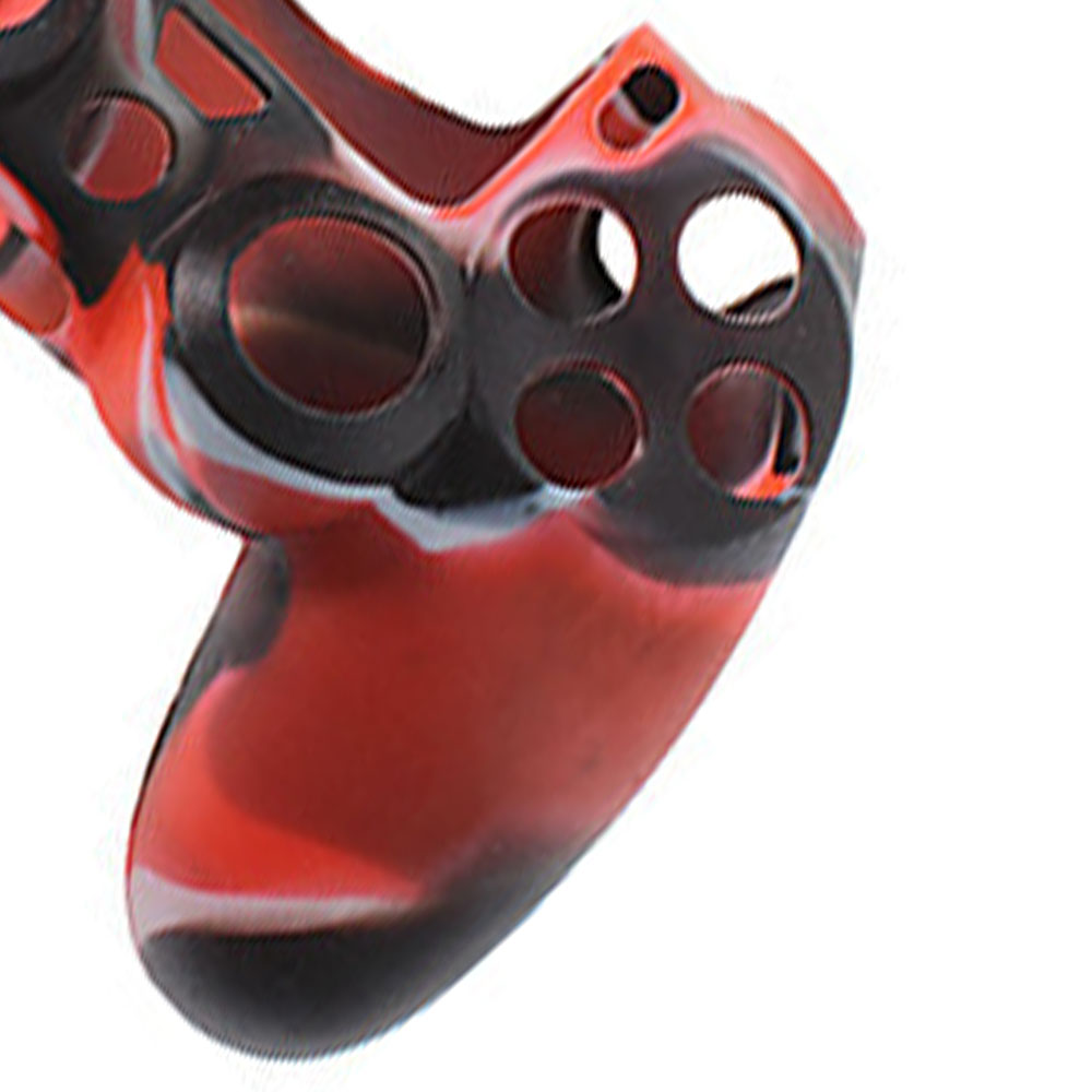 Eine rote, schwarze und weiße Controller-Abdeckung. Sie hat Löcher für Knöpfe und eine bequeme Griffform.