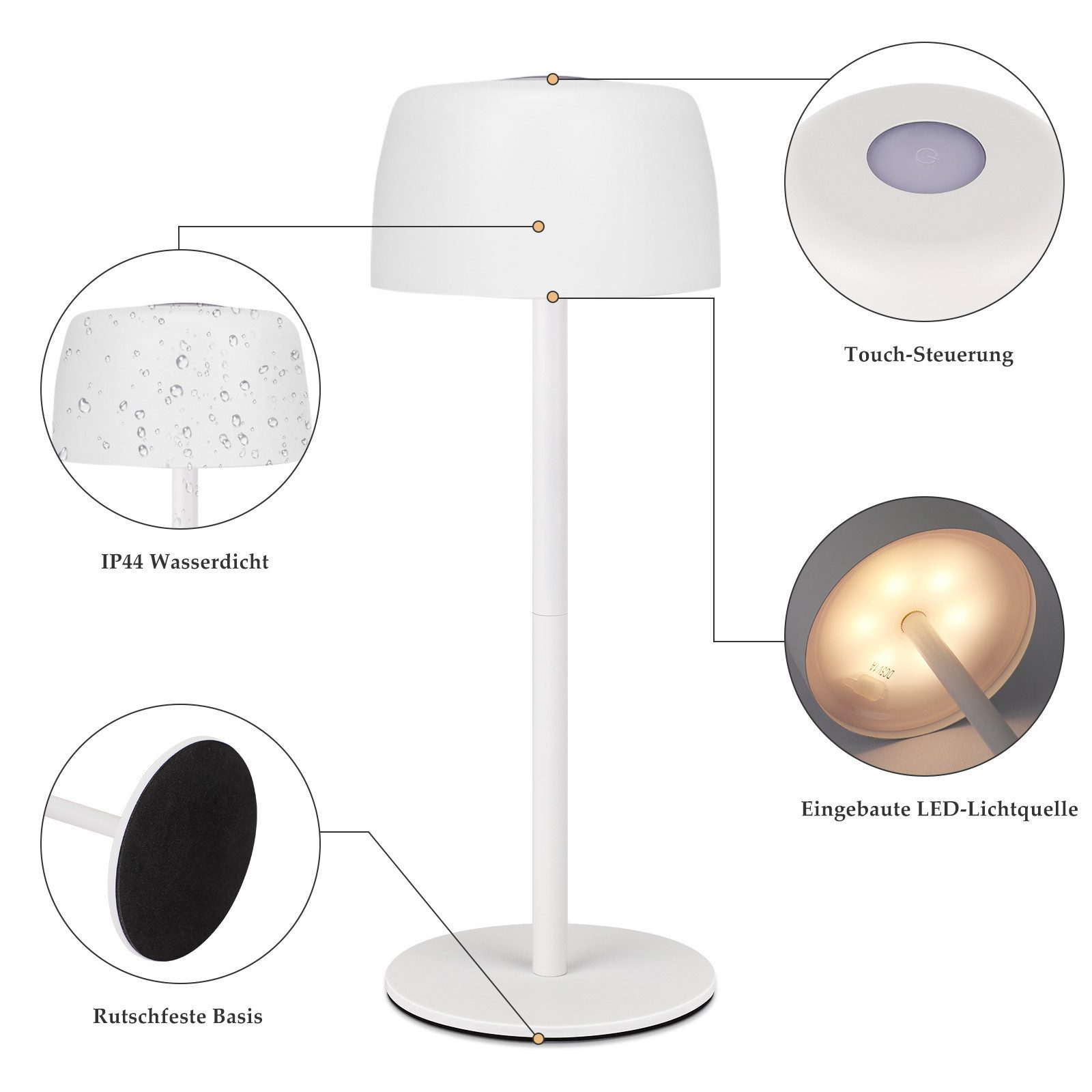 Biała lampa z cylindrycznym kloszem, długą podstawą i okrągłą podstawą. Zawiera schematy wskazujące cechy.