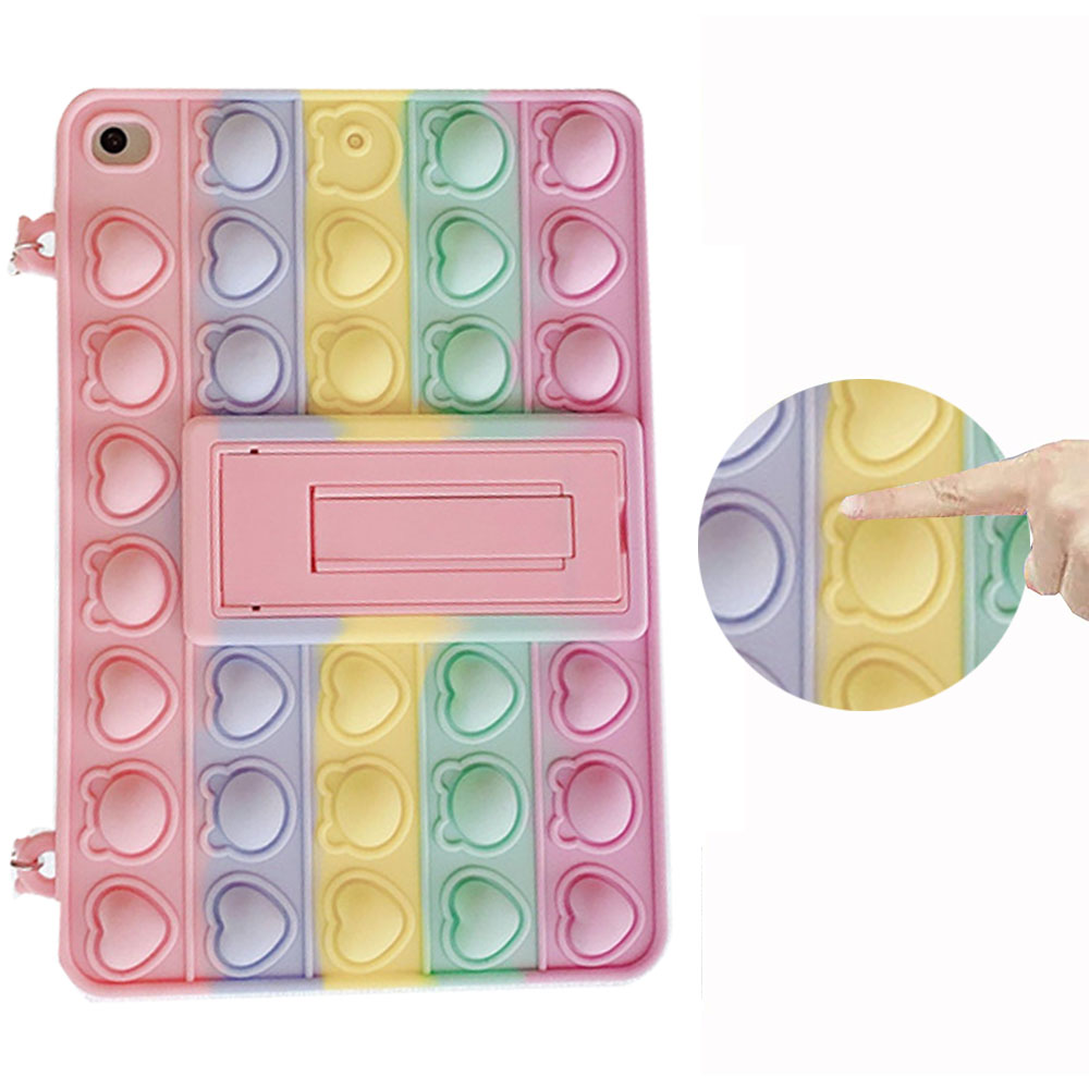 Pastellfarbene Bubble-Pop-iPad-Hülle mit einem faltbaren Ständer, mit einem Regenbogen von Farben und taktilem Design.
