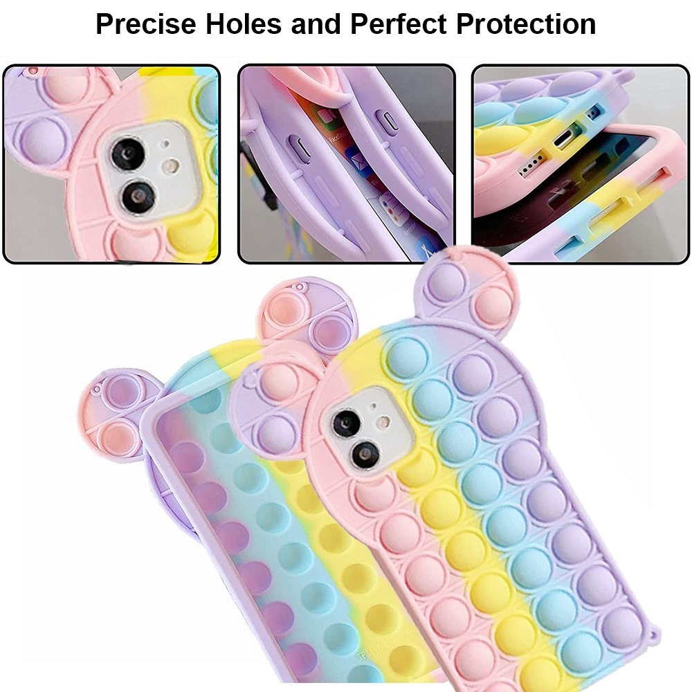 Collage, das eine pastellfarbene Regenbogen-Bubble-Pop-Handyhülle mit präzisen Löchern und perfekten Schutzfunktionen zeigt.