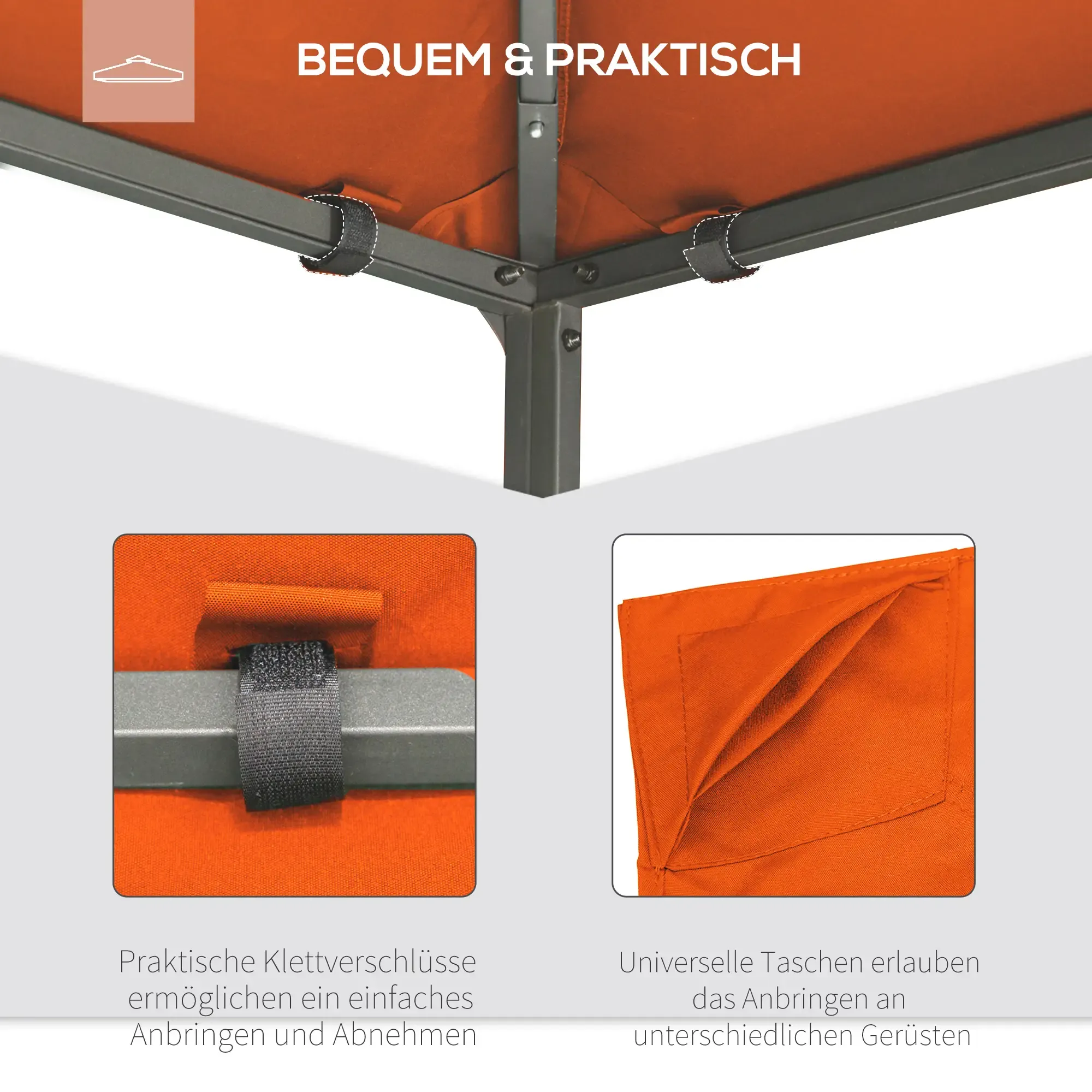 Pavillonoberteil mit Nahaufnahmen von Klettverschlüssen und Taschen zur einfachen Befestigung an verschiedenen Rahmen.