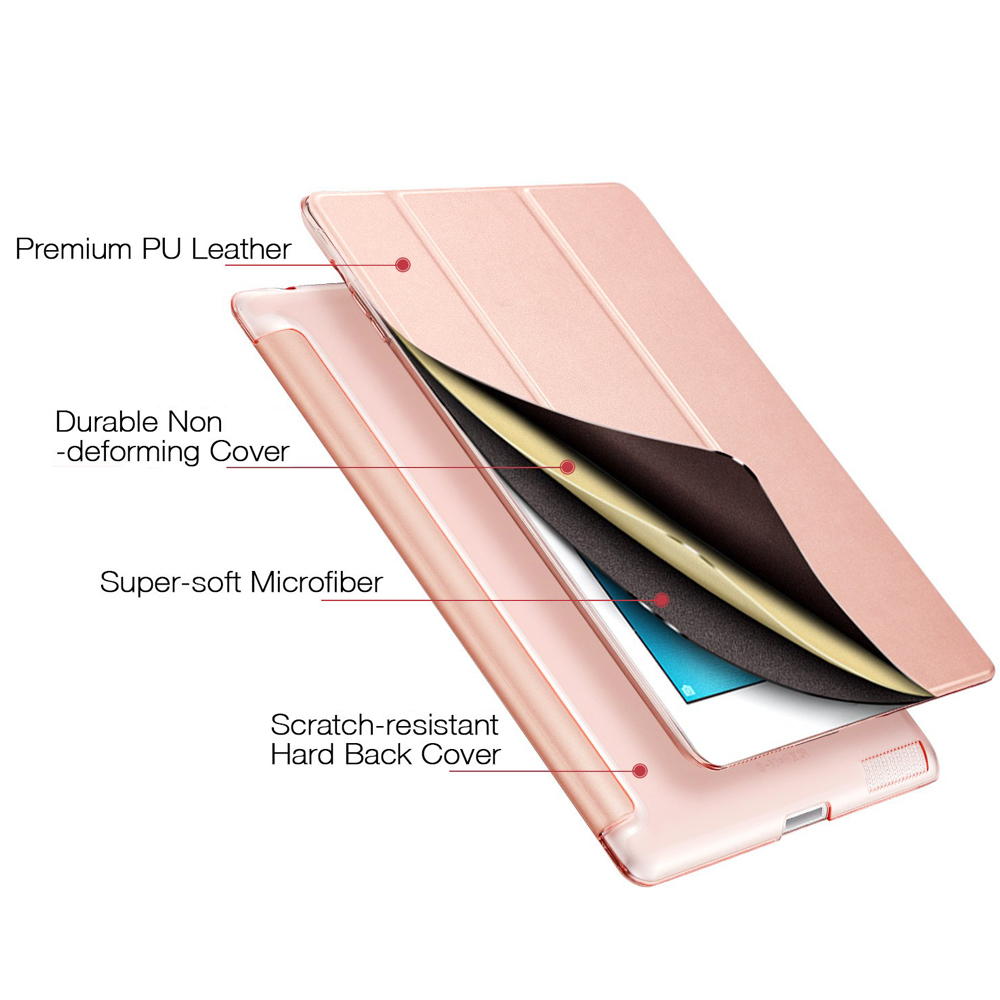 Eine rosa Tablet-Hülle mit hochwertigem PU-Leder, strapazierfähiger, nicht verformbarer Abdeckung und kratzfester Hartschalenrückseite.