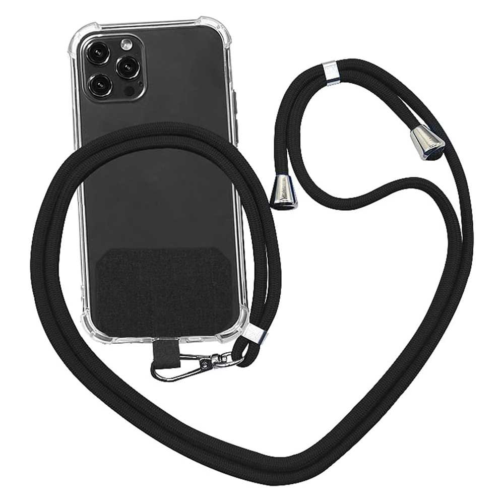 Eine durchsichtige Handyhülle mit befestigtem schwarzen Kabel, die ein modernes und praktisches Design zeigt.