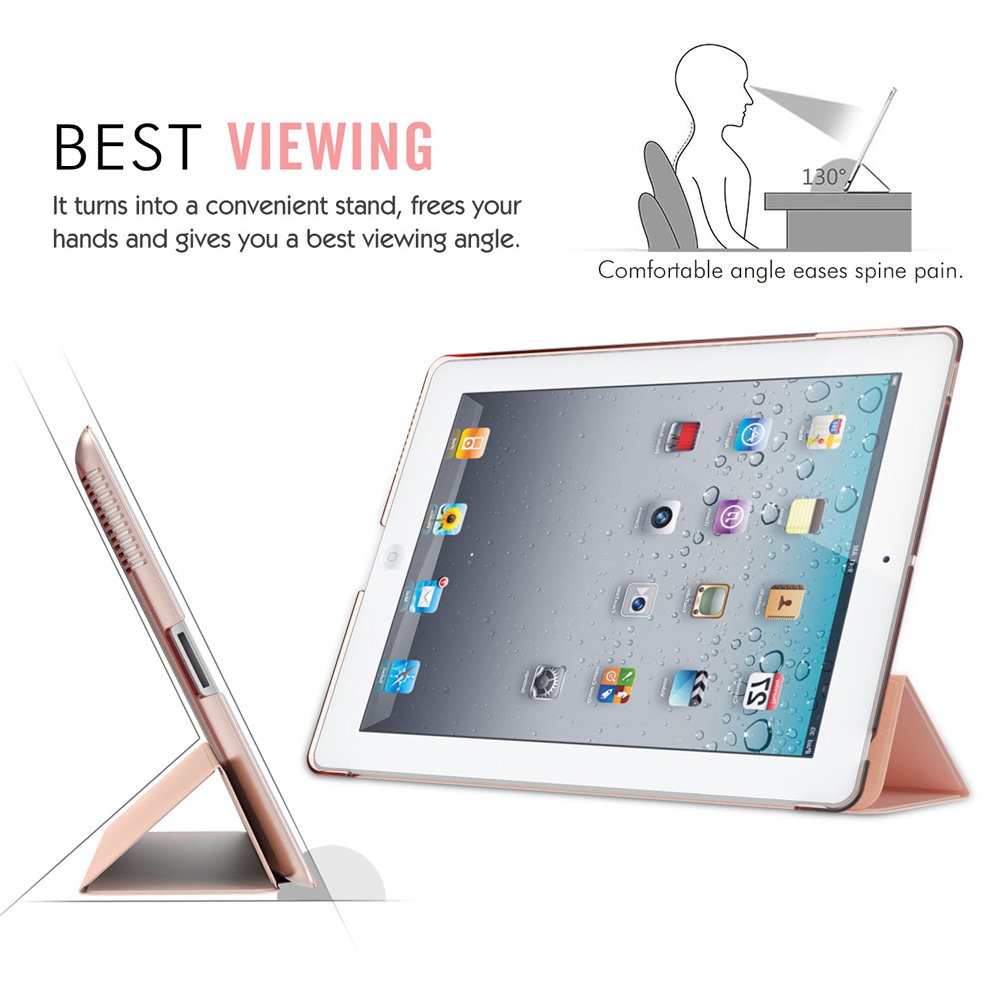 Ein roségoldenes iPad ist aufgestellt und zeigt einen Startbildschirm. Text beschreibt den besten Betrachtungswinkel.