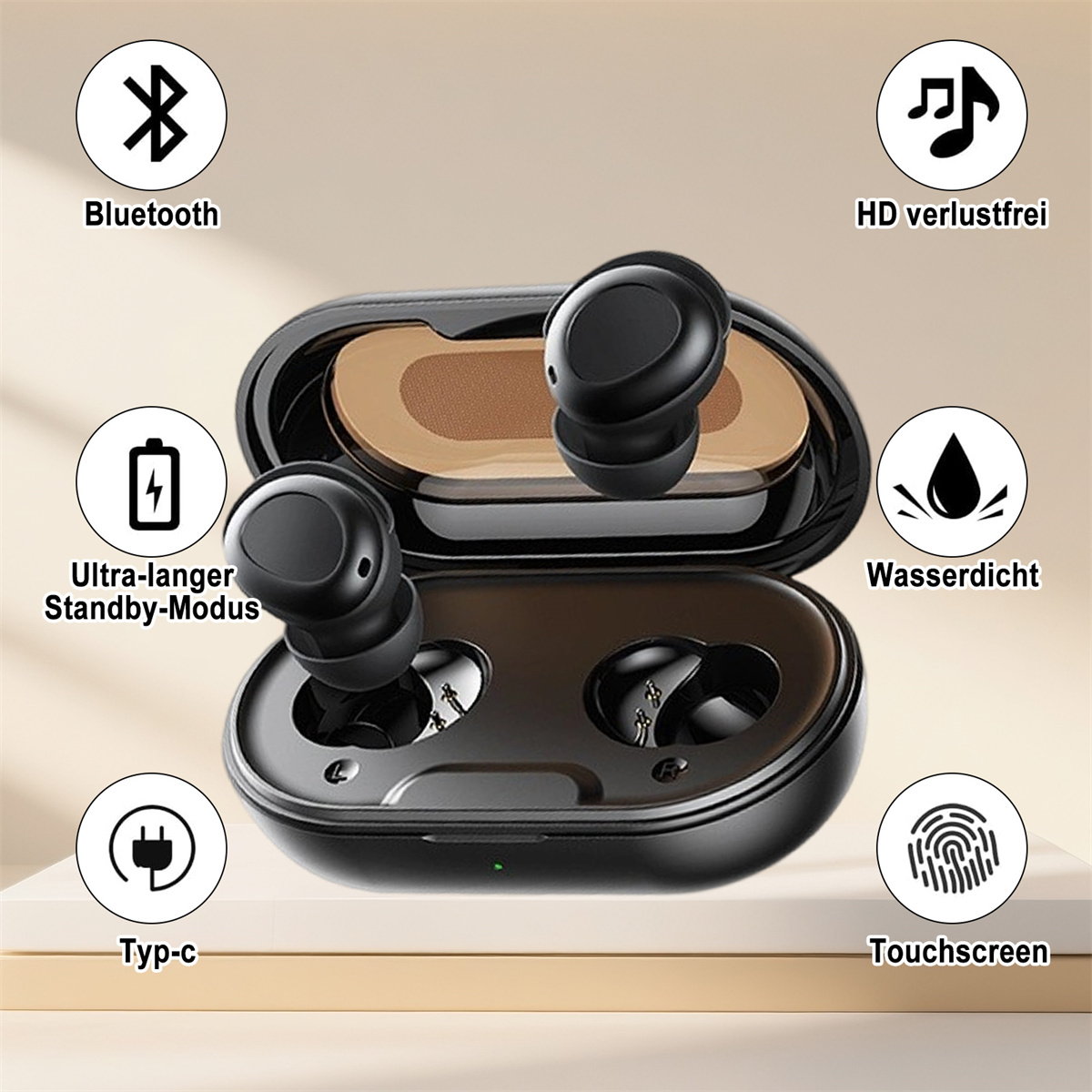Kabellose Ohrhörer werden in einem offenen Ladeetui gezeigt, das Funktionen wie Bluetooth und Touchscreen hervorhebt.
