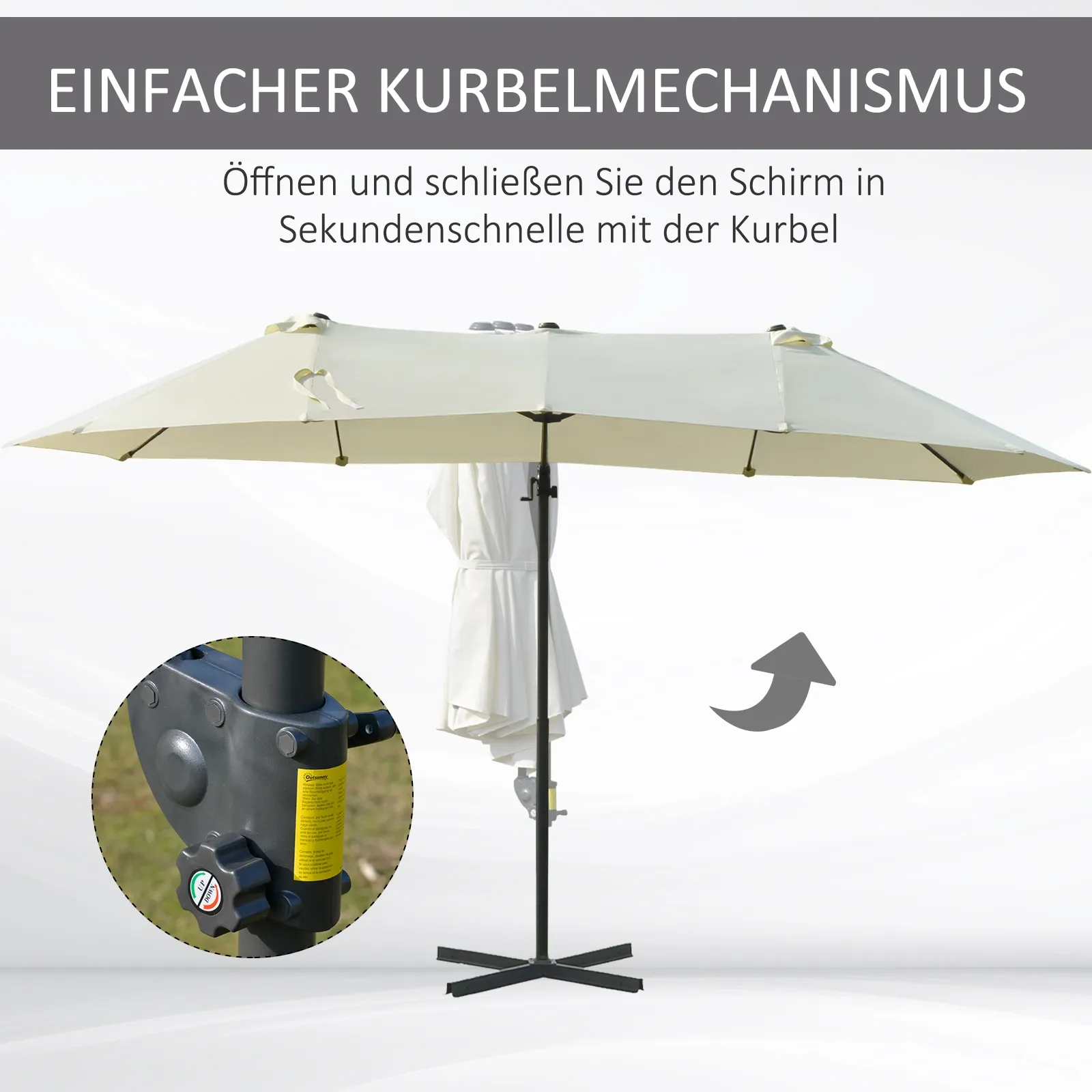 Bild, das einen cremefarbenen Terrassenschirm mit einem Kurbelmechanismus zum einfachen Öffnen und Schließen zeigt.