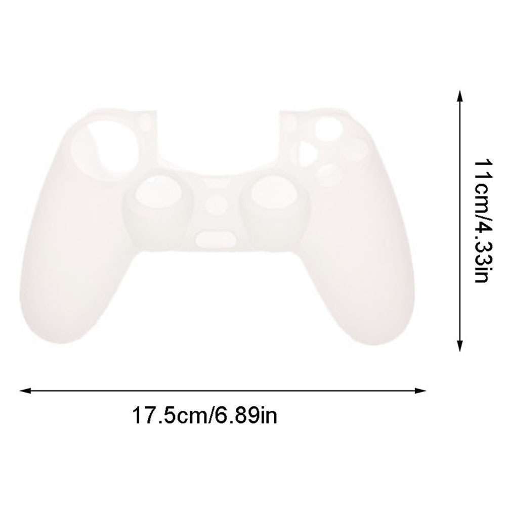 Eine weiße Silikonhülle für einen Gamecontroller, deren Abmessungen mit 11 cm/4,33 Zoll und 17,5 cm/6,89 Zoll angegeben sind.