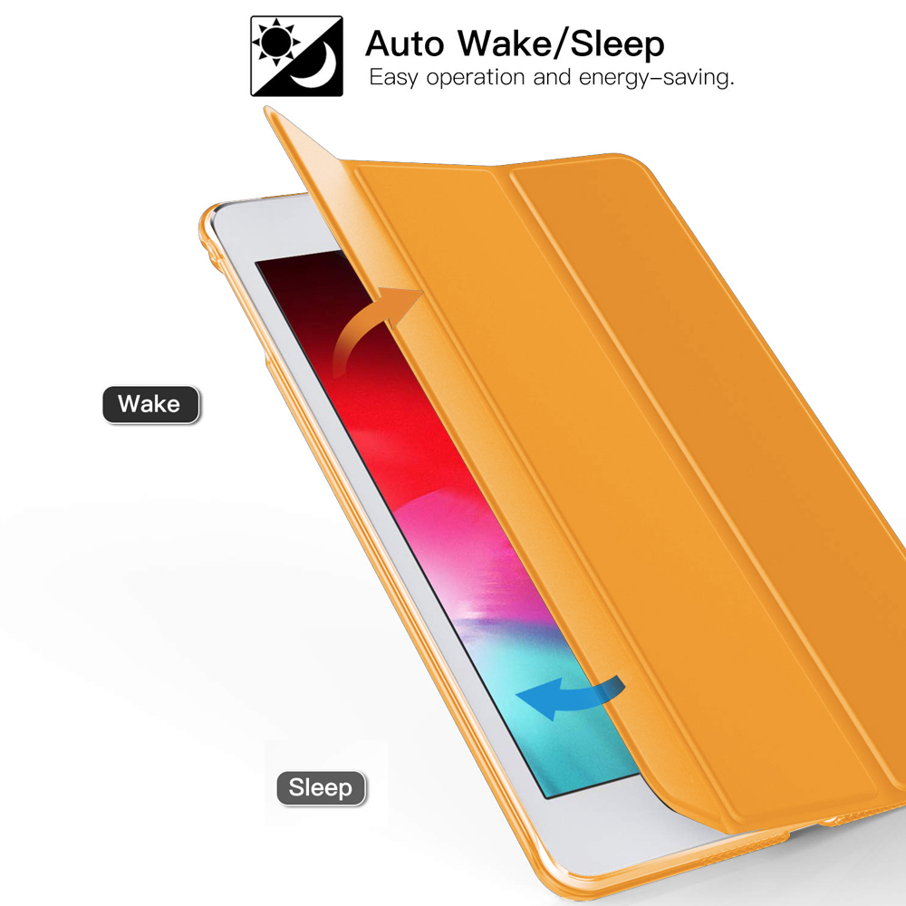 Eine orangefarbene iPad-Hülle mit 'Auto Wake/Sleep'-Funktion, die Pfeile zeigt, die die Aktion der Hülle anzeigen.