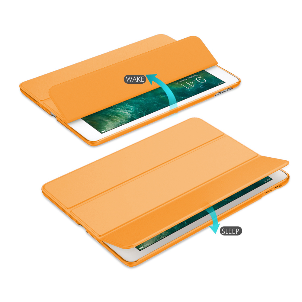 Orangefarbene iPad-Hülle, die die Funktionen 'Wake' und 'Sleep' mit Pfeilen demonstriert und die Funktionalität der Hülle zeigt.