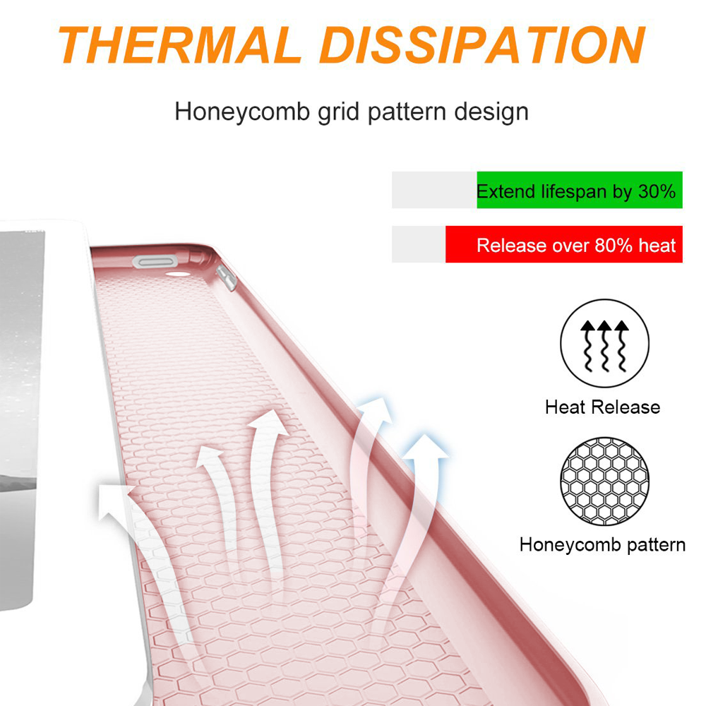 Rosa iPad-Hülle, die Wärmeableitung mit Wabengitterdesign und Wärmeableitungspfeilen zeigt.