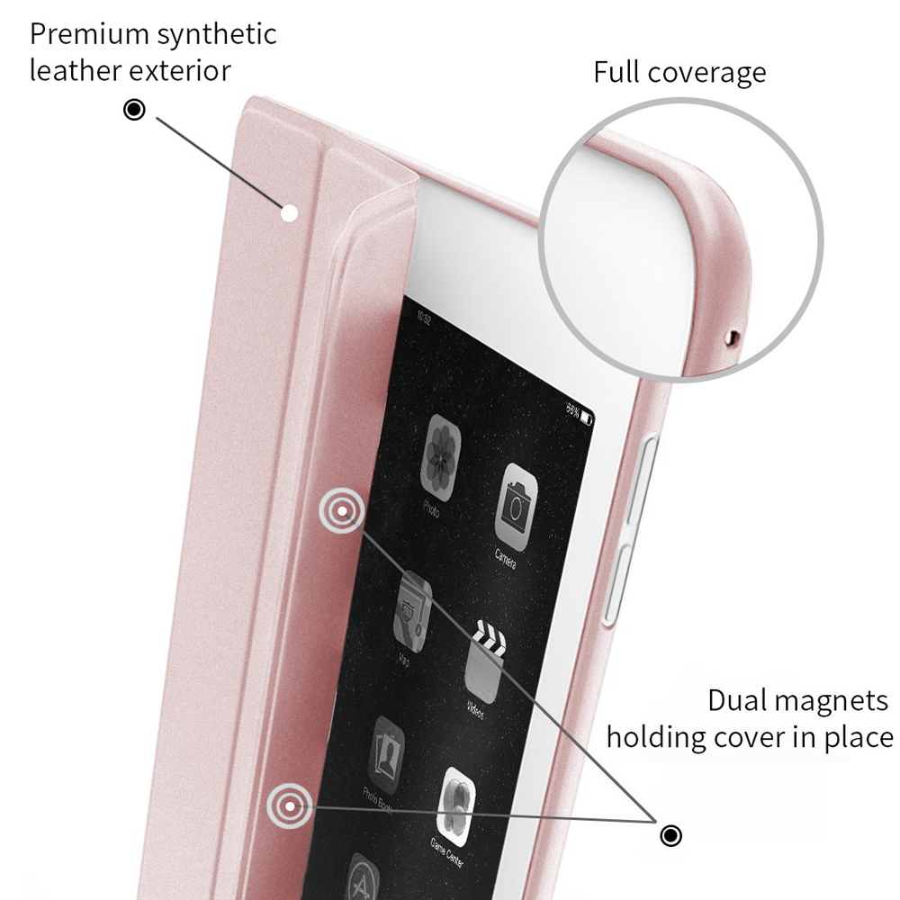 Rosa iPad-Hülle mit synthetischem Leder außen, vollständiger Abdeckung und zwei Magneten, die die Hülle halten.